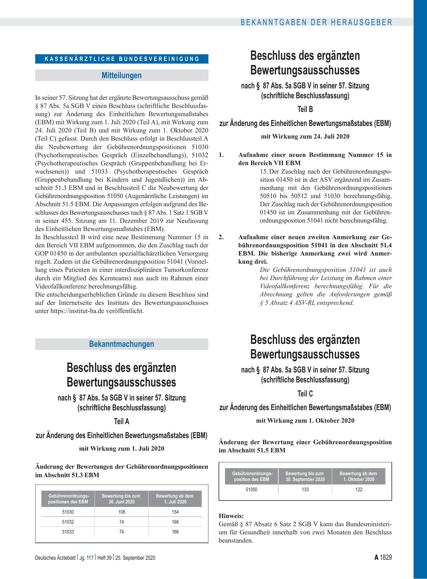 Vorschauseite 1: Beschluss des ergänzten Bewertungsausschusses nach § 87 Abs. 5a SGB V in seiner 57. Sitzung (schriftliche Beschlussfassung) – Deutsches Ärzteblatt