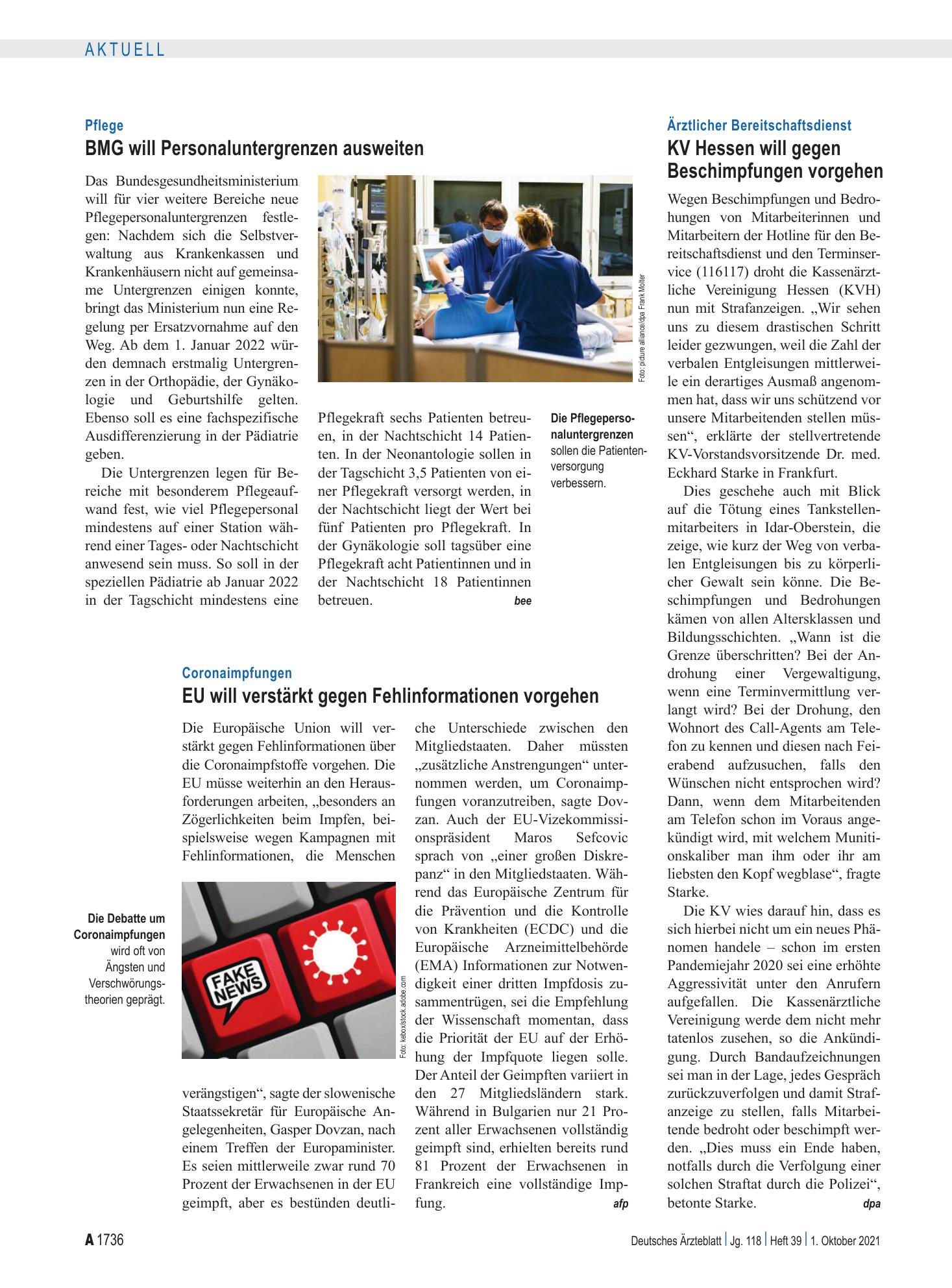 Vorschauseite 1: Pflege: BMG will Personaluntergrenzen ausweiten – Deutsches Ärzteblatt