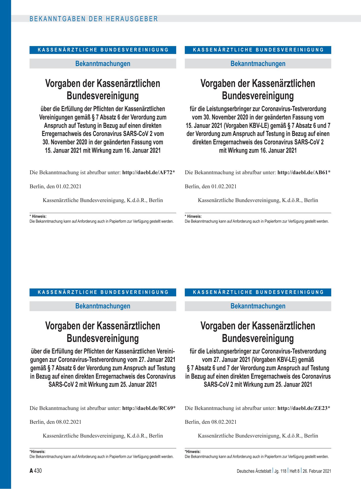 Vorschauseite 1: Vorgaben der Kassenärztlichen Bundesvereinigung für die Leistungserbringer zur Coronavirus-Testverordung vom 30. November 2020 in der geänderten Fassung vom 15. Januar 2021 (Vorga…