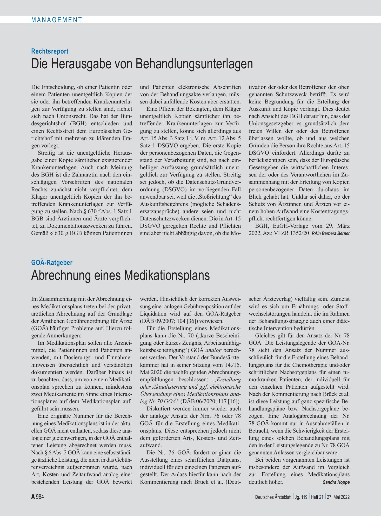 Vorschauseite 1: Rechtsreport: Die Herausgabe von Behandlungsunterlagen – Deutsches Ärzteblatt
