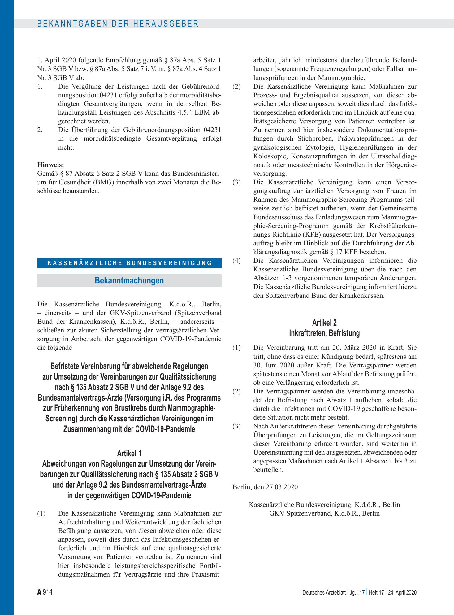 Vorschauseite 1: Befristete Vereinbarung für abweichende Regelungen zur Umsetzung der Vereinbarungen zur Qualitätssicherung nach § 135 Absatz 2 SGB V und der Anlage 9.2 des Bundesmantelvertrags-Är…