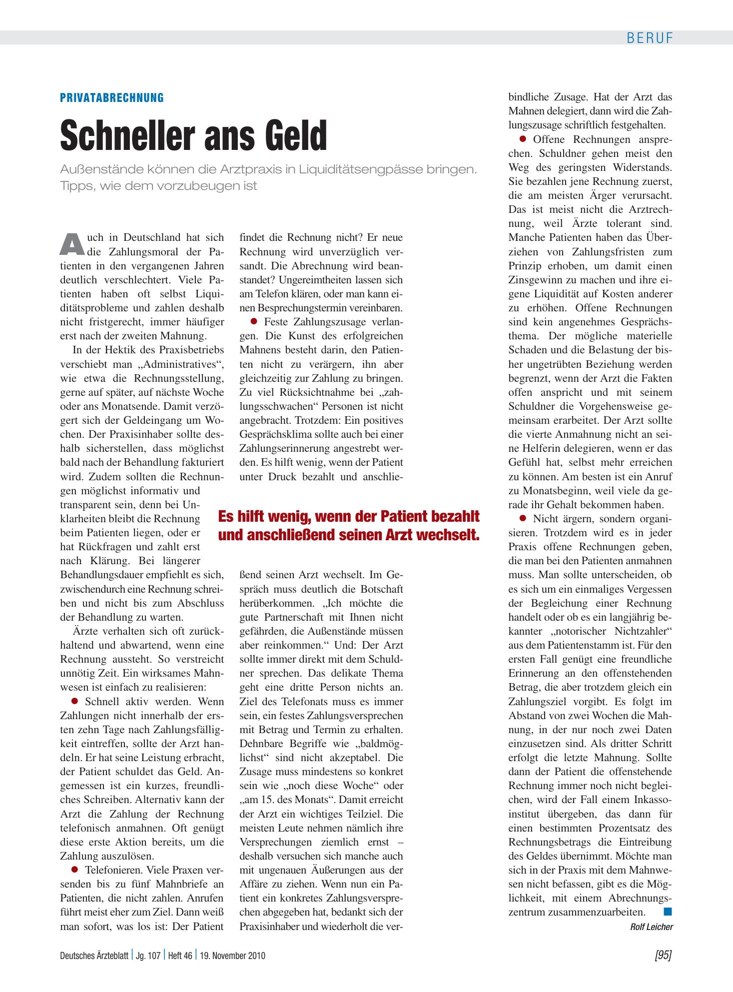 Vorschauseite 1: Privatabrechnung: Schneller ans Geld – Deutsches Ärzteblatt