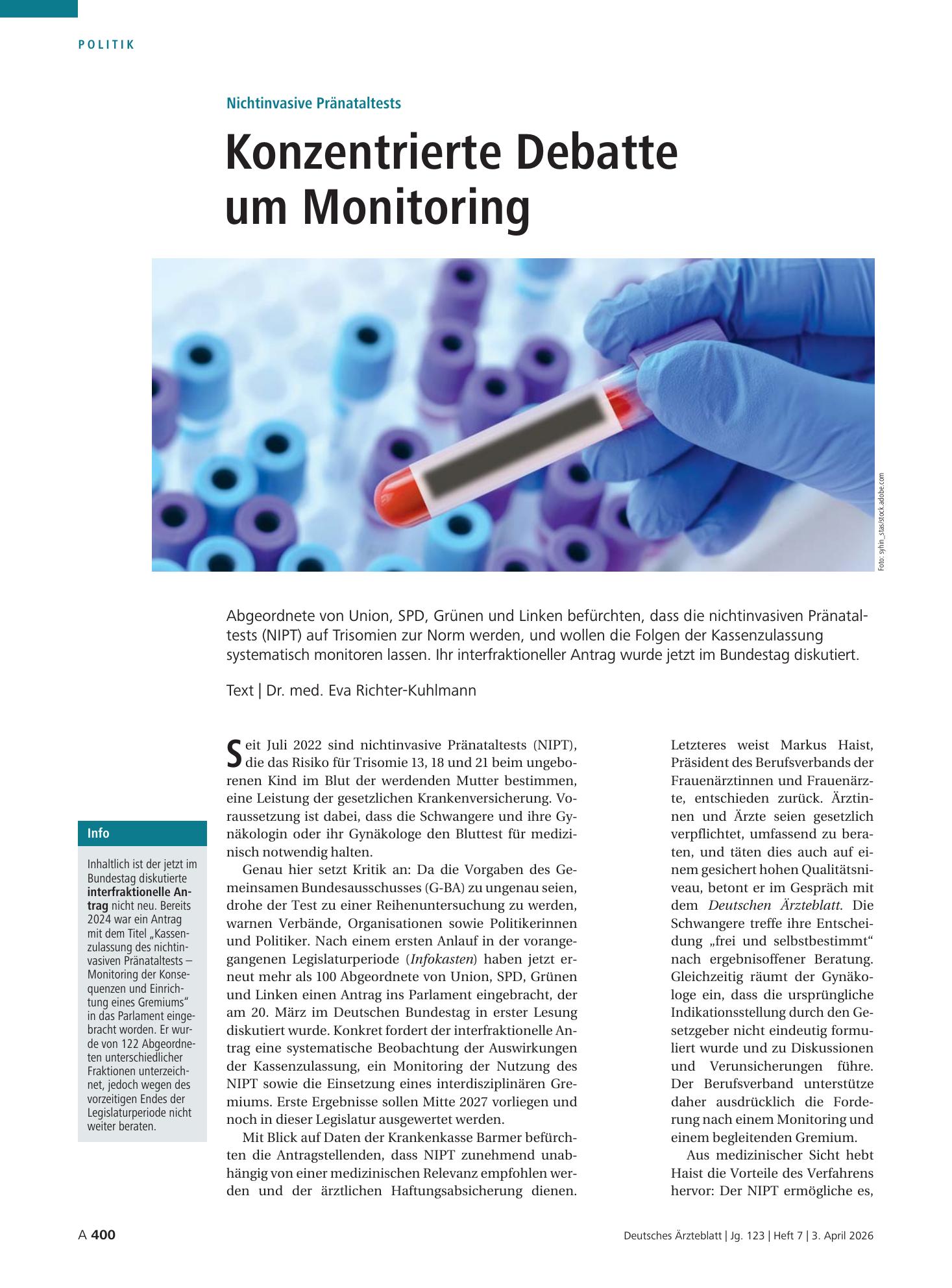 Vorschauseite 1: Nichtinvasive Pränataltests: Konzentrierte Debatte um Monitoring – Deutsches Ärzteblatt