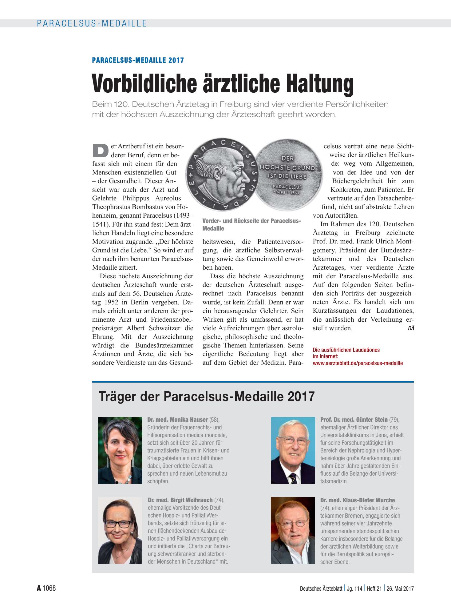Vorschauseite 1: PARACELSUS-MEDAILLE 2017: Vorbildliche ärztliche Haltung – Deutsches Ärzteblatt