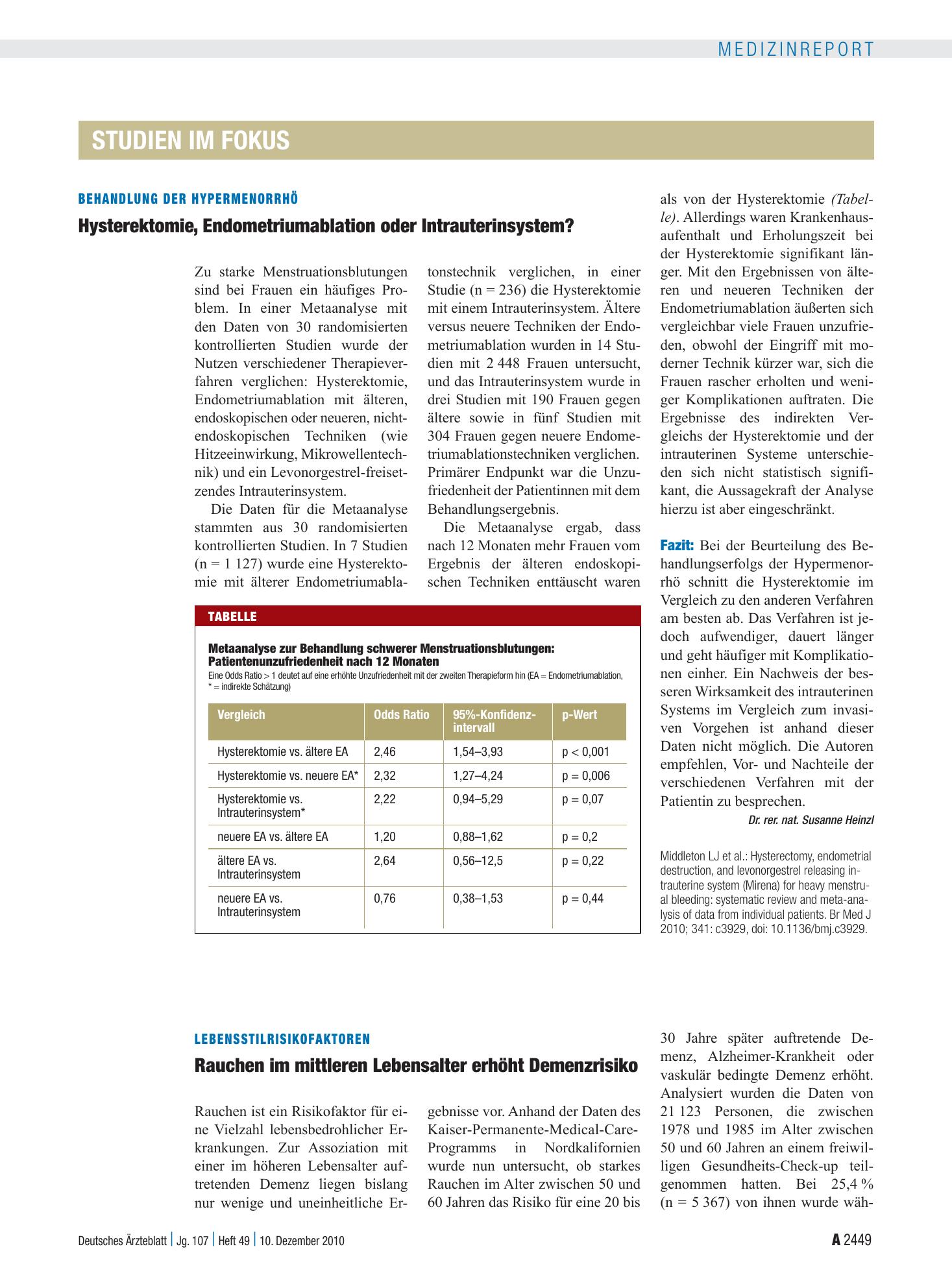 Vorschauseite 1: Behandlung der Hypermenorrhö: Hysterektomie, Endometriumablation oder Intrauterinsystem? – Deutsches Ärzteblatt