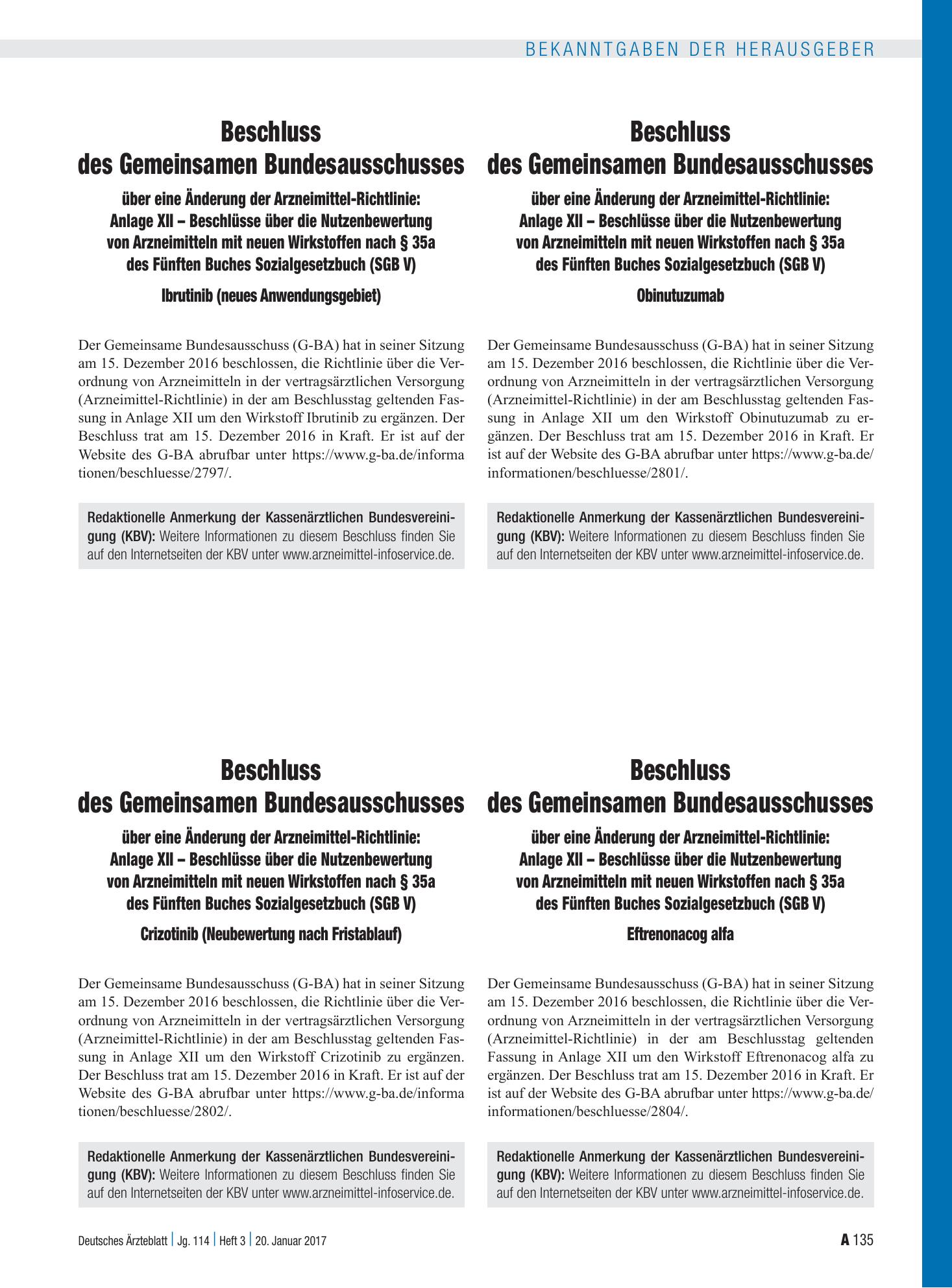 Vorschauseite 1: Beschluss des Gemeinsamen Bundesausschusses über eine Änderung der Arzneimittel-Richtlinie: Anlage XII – Beschlüsse über die Nutzenbewertung von Arzneimitteln mit neuen Wirkstoffe…