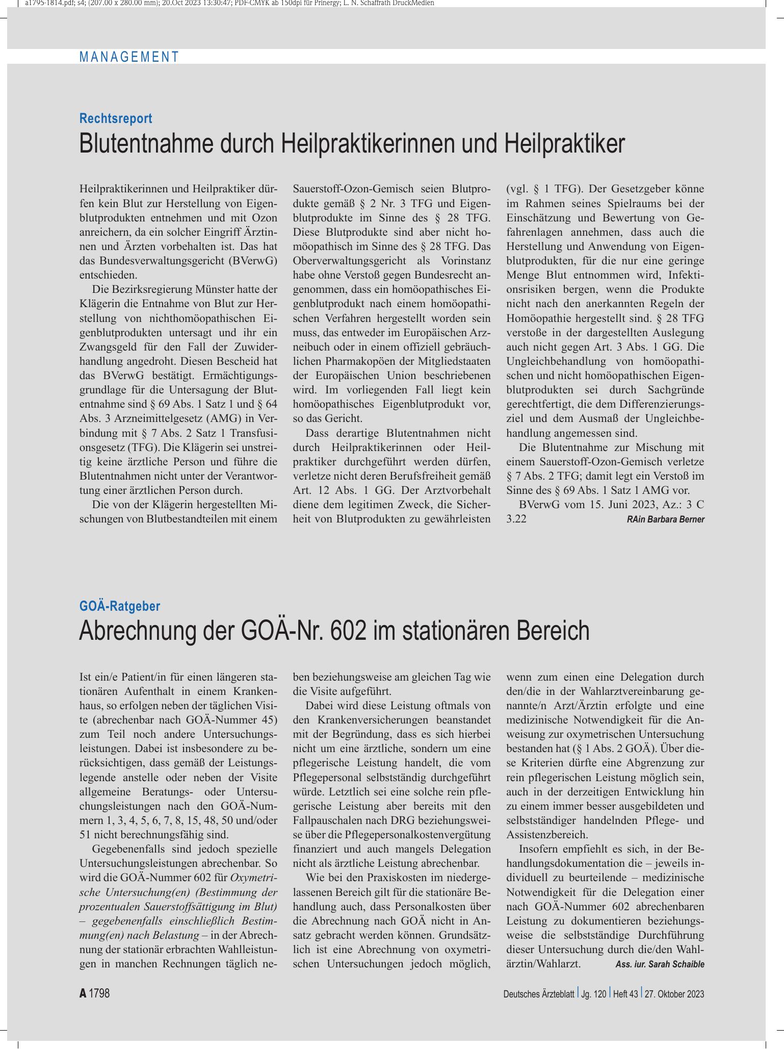 Vorschauseite 1: GOÄ-Ratgeber: Abrechnung der GOÄ-Nr. 602 im stationären Bereich – Deutsches Ärzteblatt