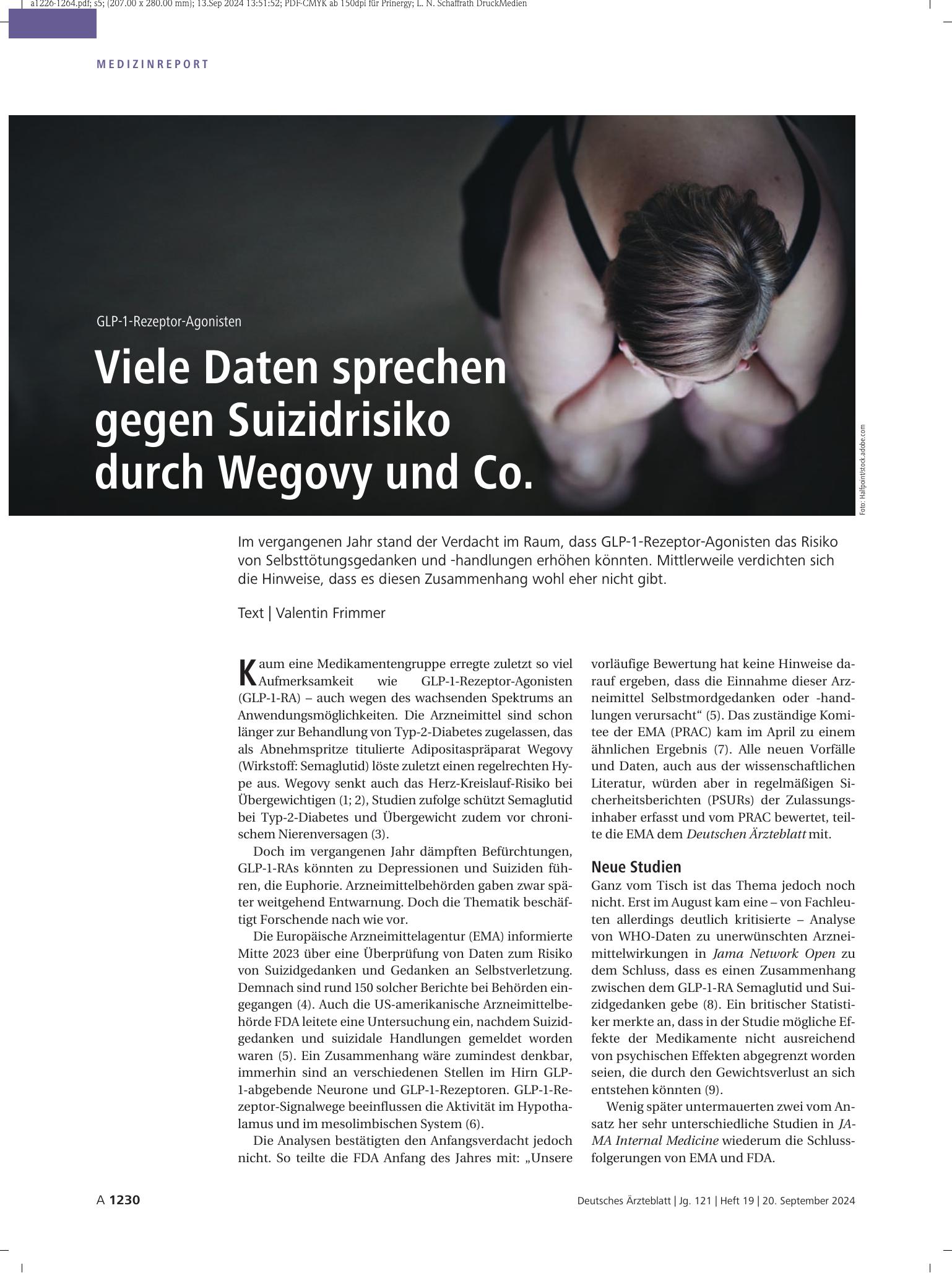 Vorschauseite 1: GLP-1-Rezeptor-Agonisten: Viele Daten sprechen gegen Suizidrisiko durch Wegovy und Co. – Deutsches Ärzteblatt