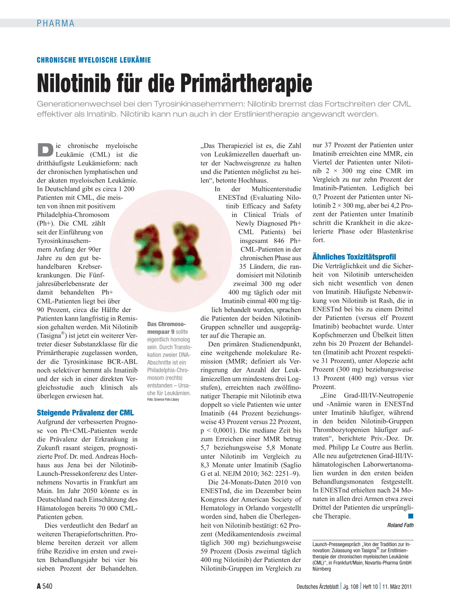 Vorschauseite 1: Chronische myeloische Leukämie: Nilotinib für die Primärtherapie – Deutsches Ärzteblatt