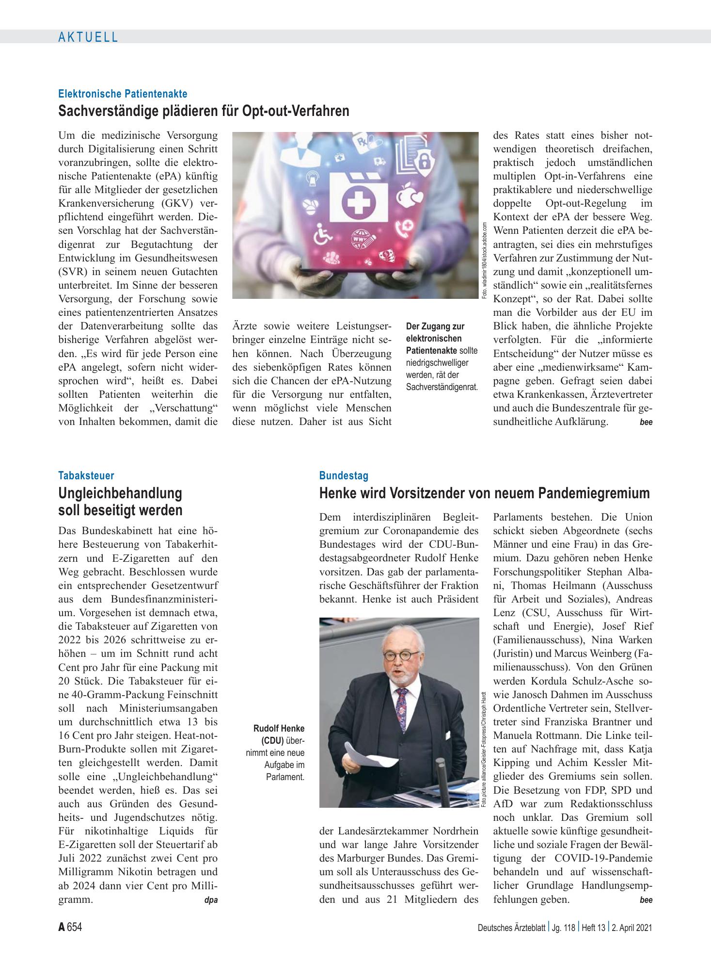 Vorschauseite 1: Tabaksteuer: Ungleichbehandlung soll beseitigt werden – Deutsches Ärzteblatt