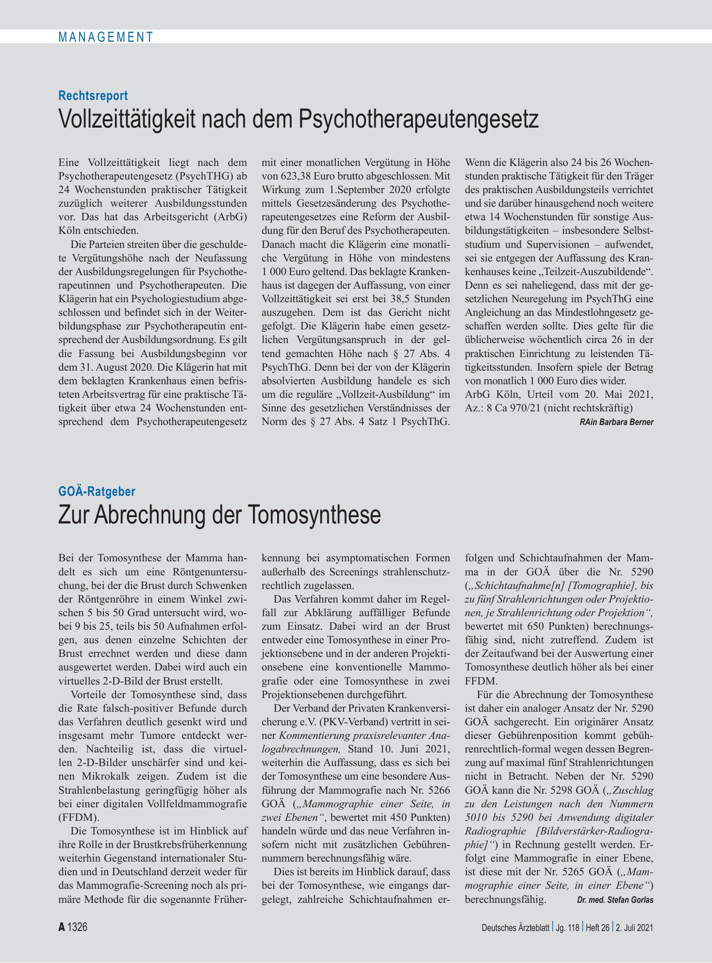 Vorschauseite 1: GOÄ-Ratgeber: Zur Abrechnung der Tomosynthese – Deutsches Ärzteblatt