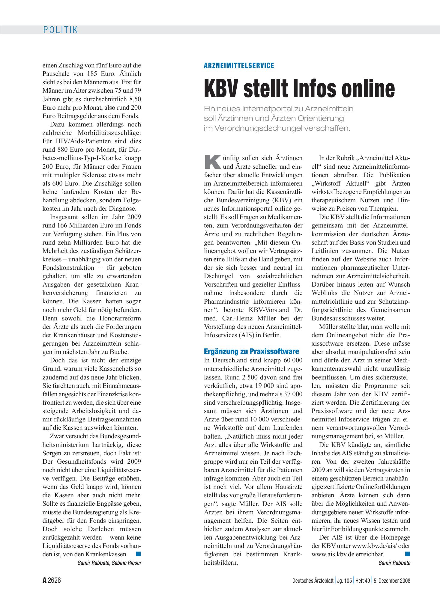 Vorschauseite 1: Arzneimittelservice: KBV stellt Infos online – Deutsches Ärzteblatt