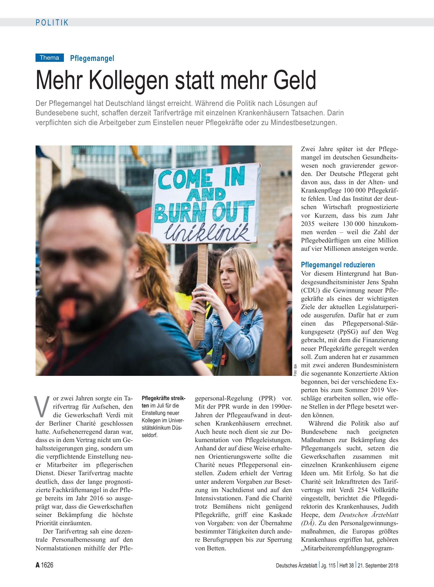 Vorschauseite 1: Pflegemangel: Mehr Kollegen statt mehr Geld – Deutsches Ärzteblatt