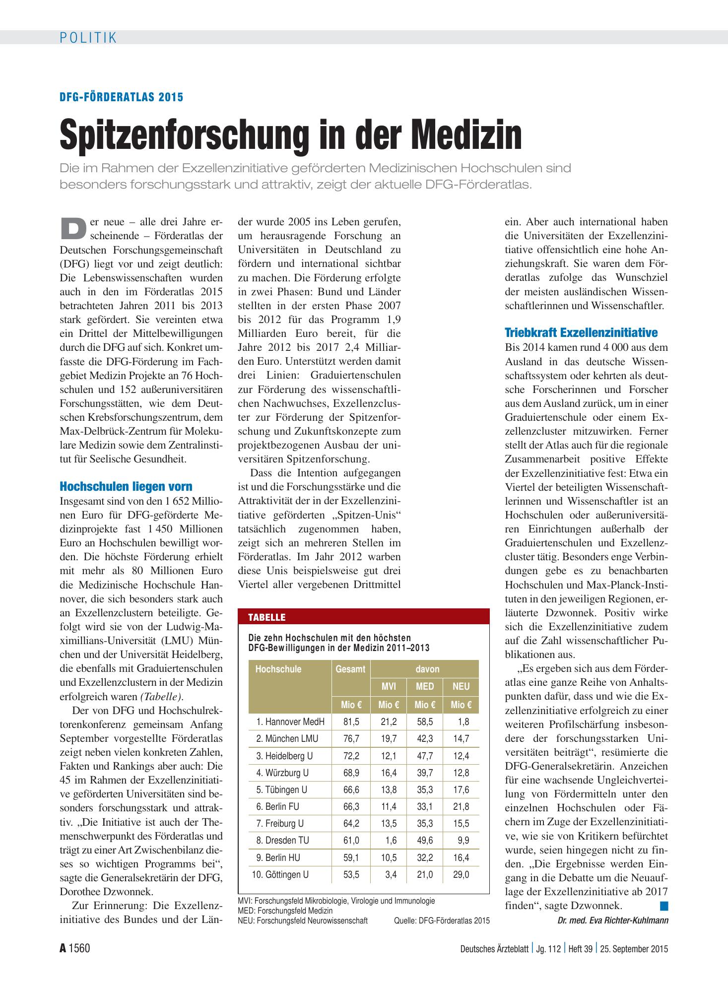Vorschauseite 1: DFG-Förderatlas 2015: Spitzenforschung in der Medizin – Deutsches Ärzteblatt