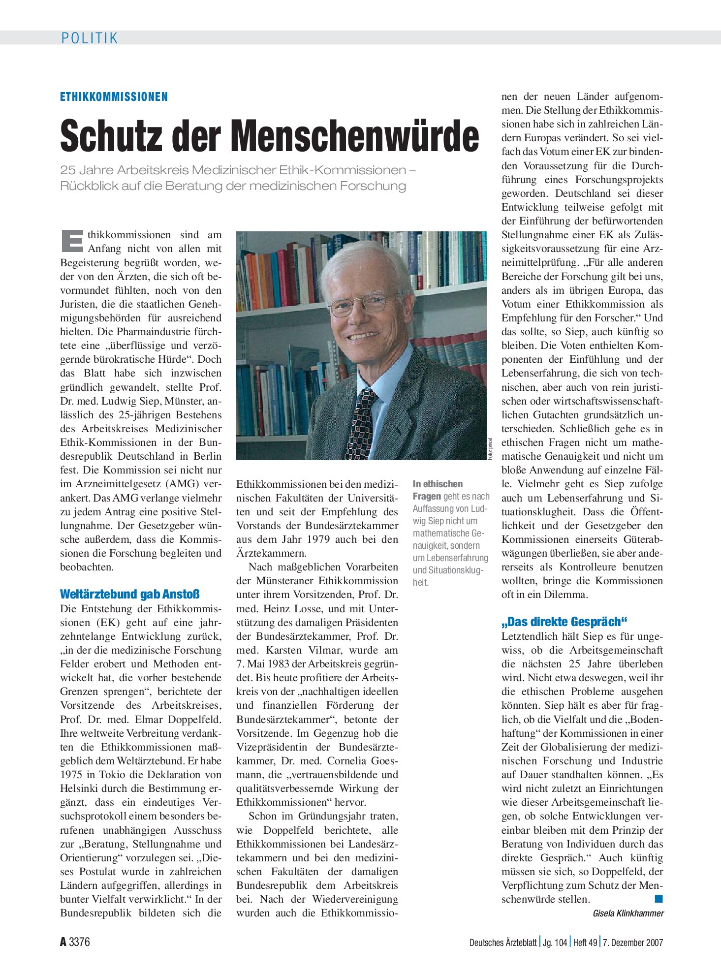 Vorschauseite 1: Ethikkommissionen: Schutz der Menschenwürde – Deutsches Ärzteblatt
