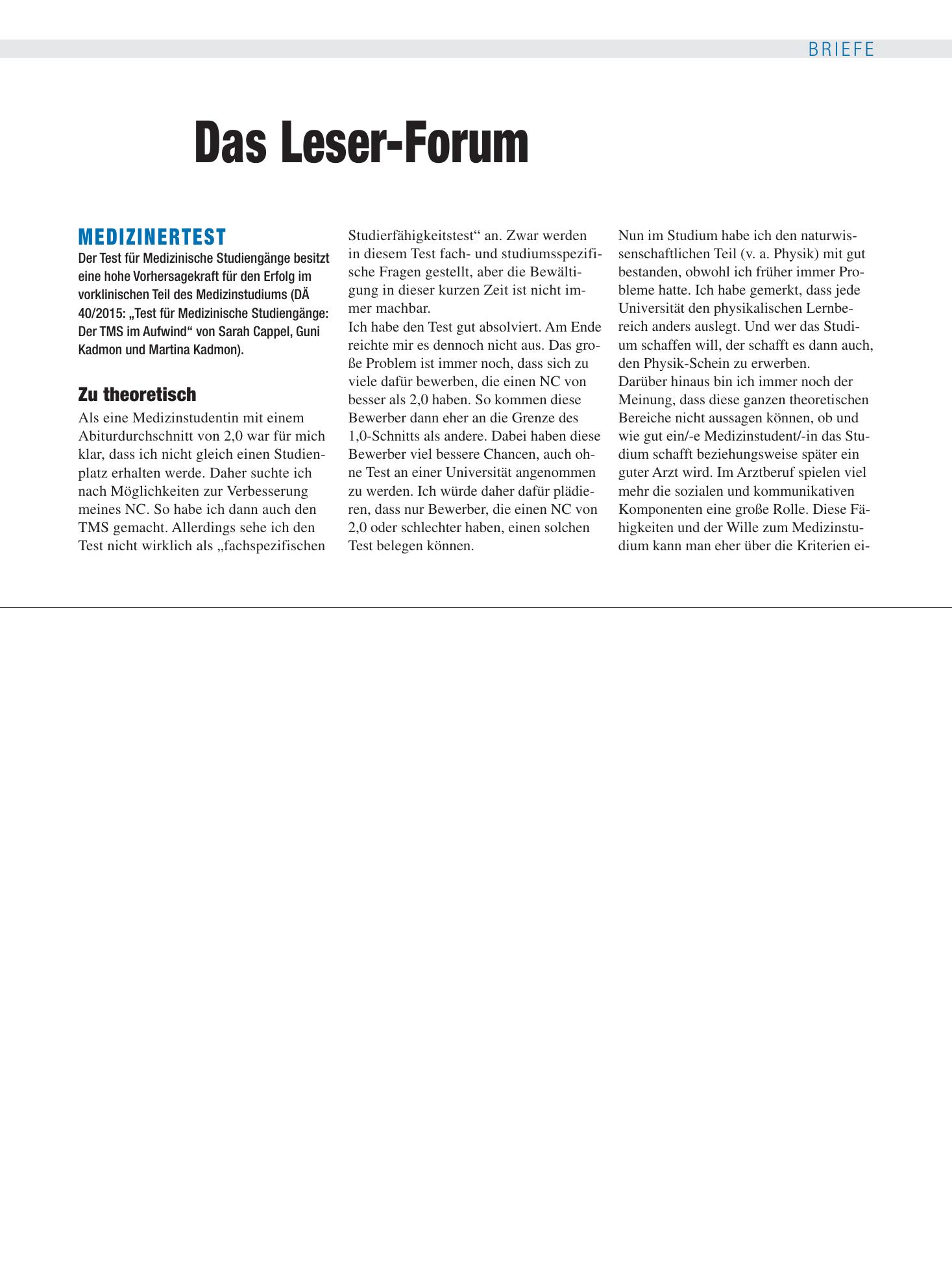 Vorschauseite 1: Medizinertest: Zu theoretisch – Deutsches Ärzteblatt