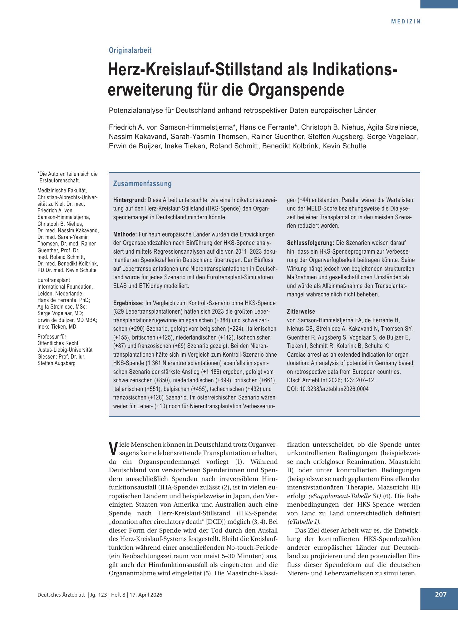 Vorschauseite 1: Herz-Kreislauf-Stillstand als Indikationserweiterung für die Organspende – Deutsches Ärzteblatt