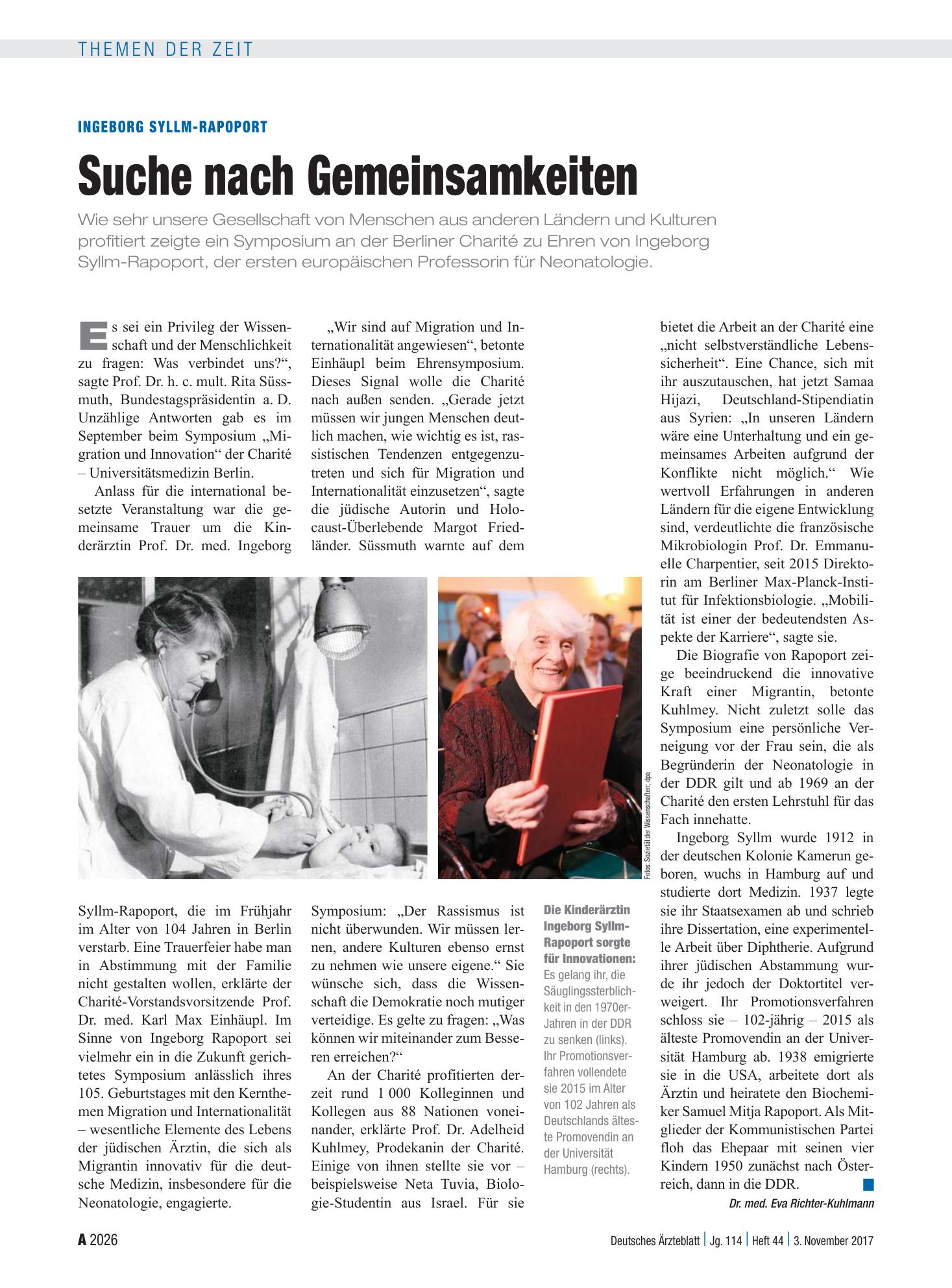 Vorschauseite 1: Ingeborg Syllm-Rapoport: Suche nach Gemeinsamkeiten – Deutsches Ärzteblatt