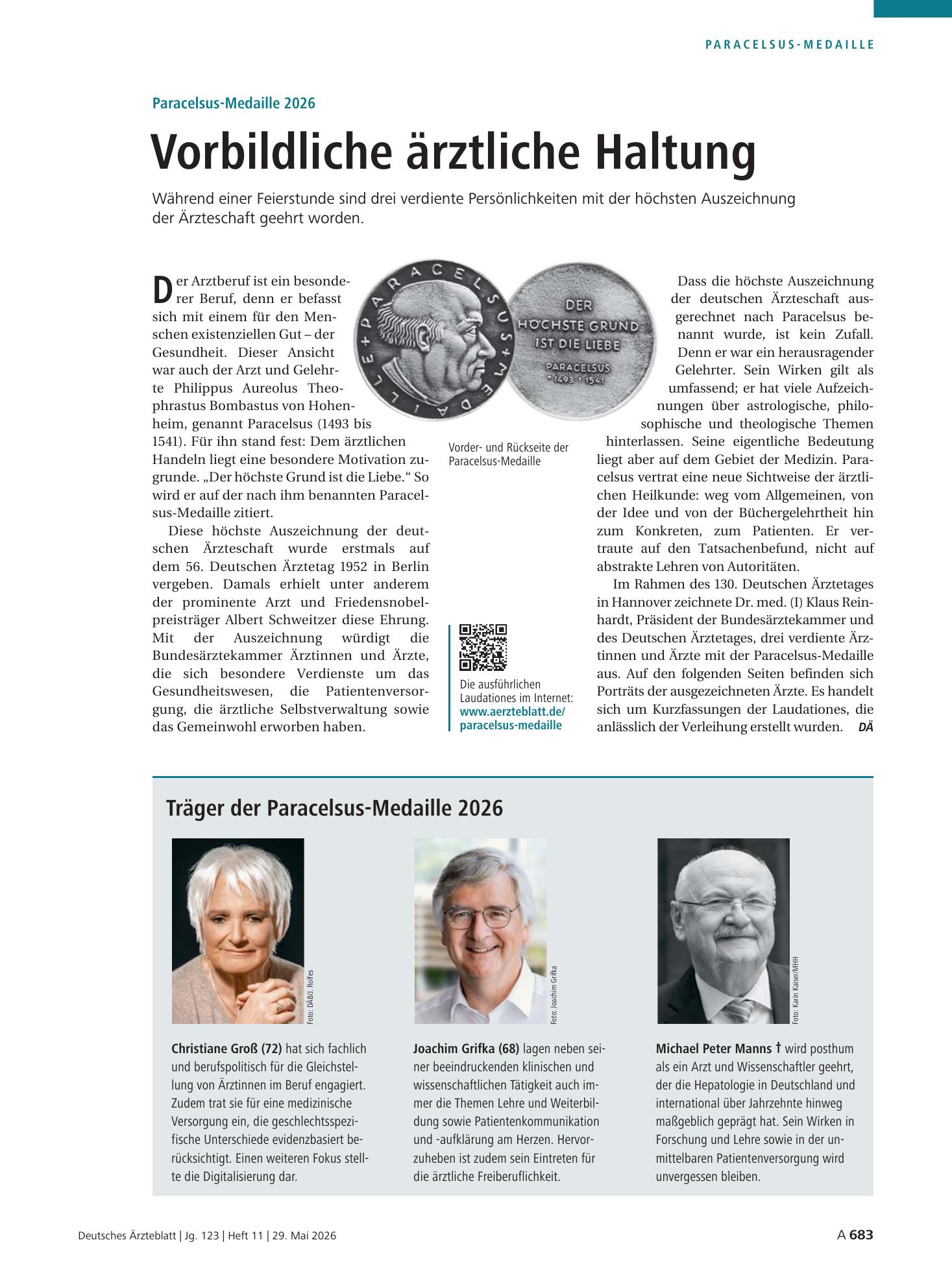Vorschauseite 1: Paracelsus-Medaille 2026: Vorbildliche ärztliche Haltung – Deutsches Ärzteblatt