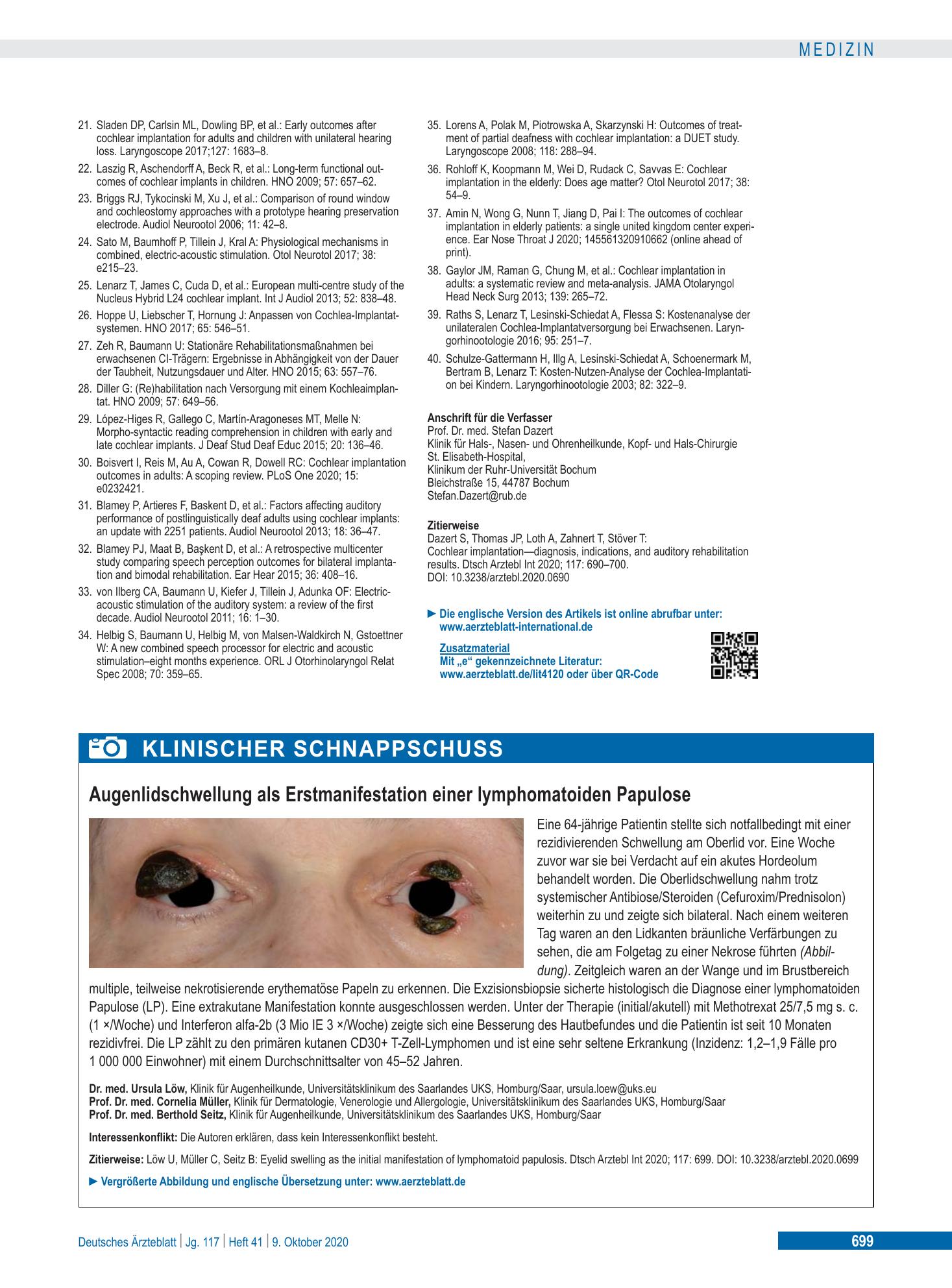 Vorschauseite 1: Augenlidschwellung als Erstmanifestation einer lymphomatoiden Papulose – Deutsches Ärzteblatt