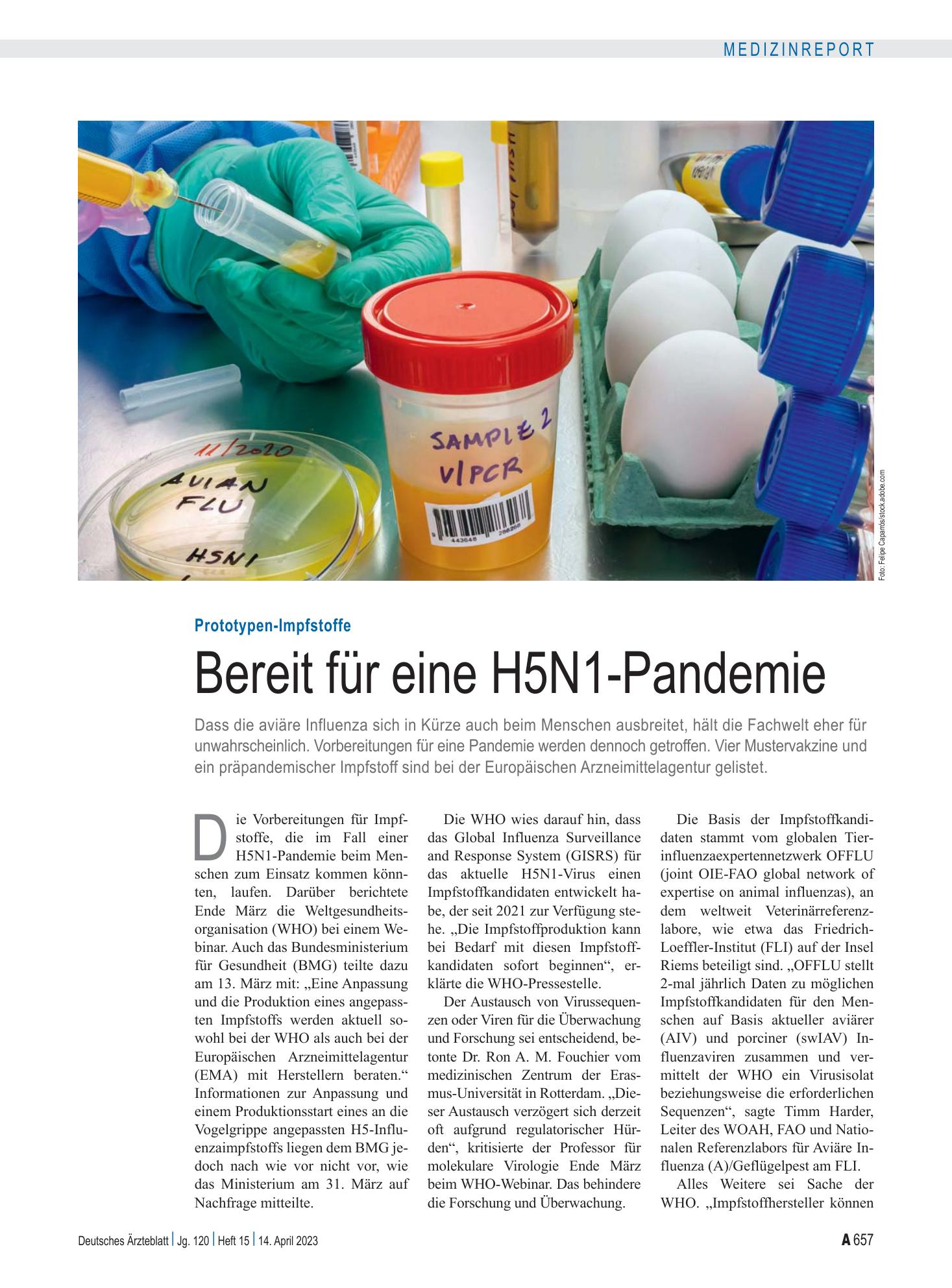 Vorschauseite 1: Prototypen-Impfstoffe: Bereit für eine H5N1-Pandemie – Deutsches Ärzteblatt