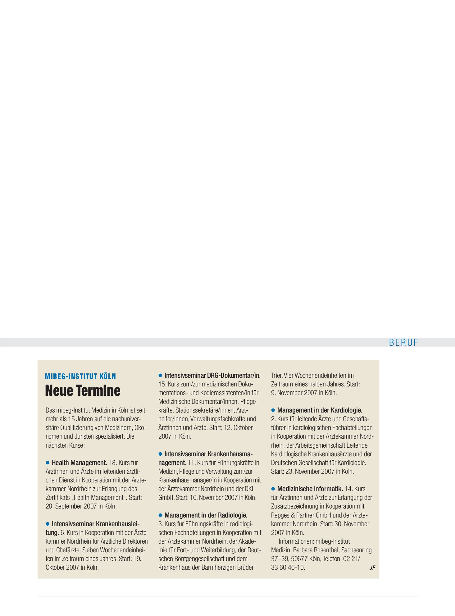 Vorschauseite 1: mibeg-Institut Köln: Neue Termine – Deutsches Ärzteblatt