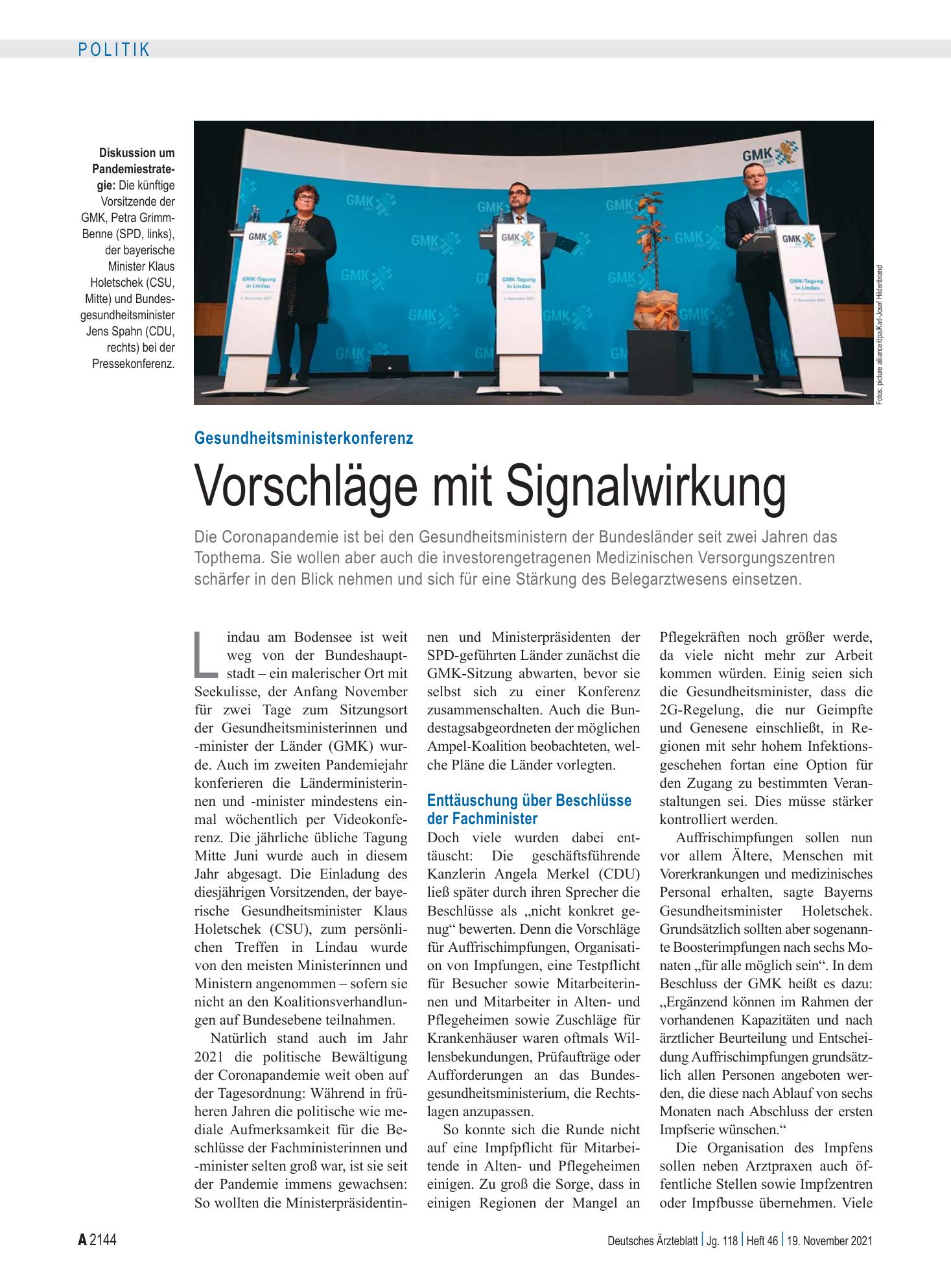 Vorschauseite 1: Gesundheitsministerkonferenz: Vorschläge mit Signalwirkung – Deutsches Ärzteblatt