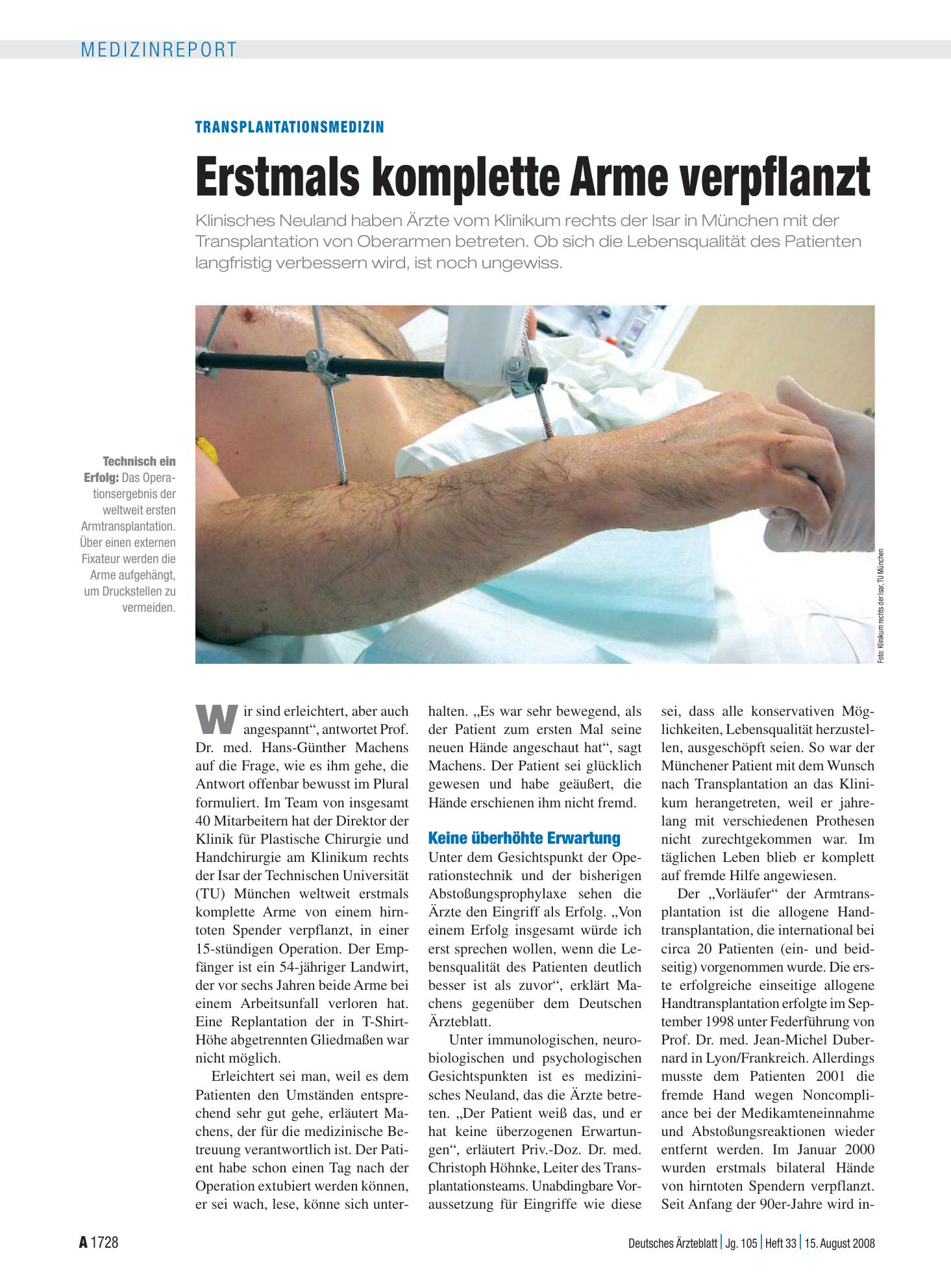 Vorschauseite 1: Transplantationsmedizin: Erstmals komplette Arme verpflanzt – Deutsches Ärzteblatt
