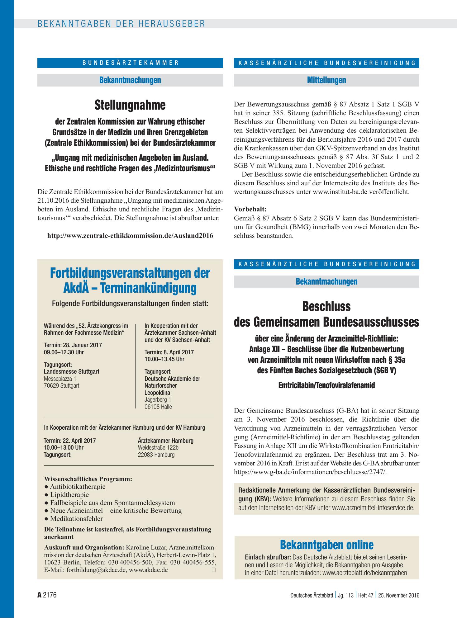 Vorschauseite 1: Bekanntgaben online – Deutsches Ärzteblatt
