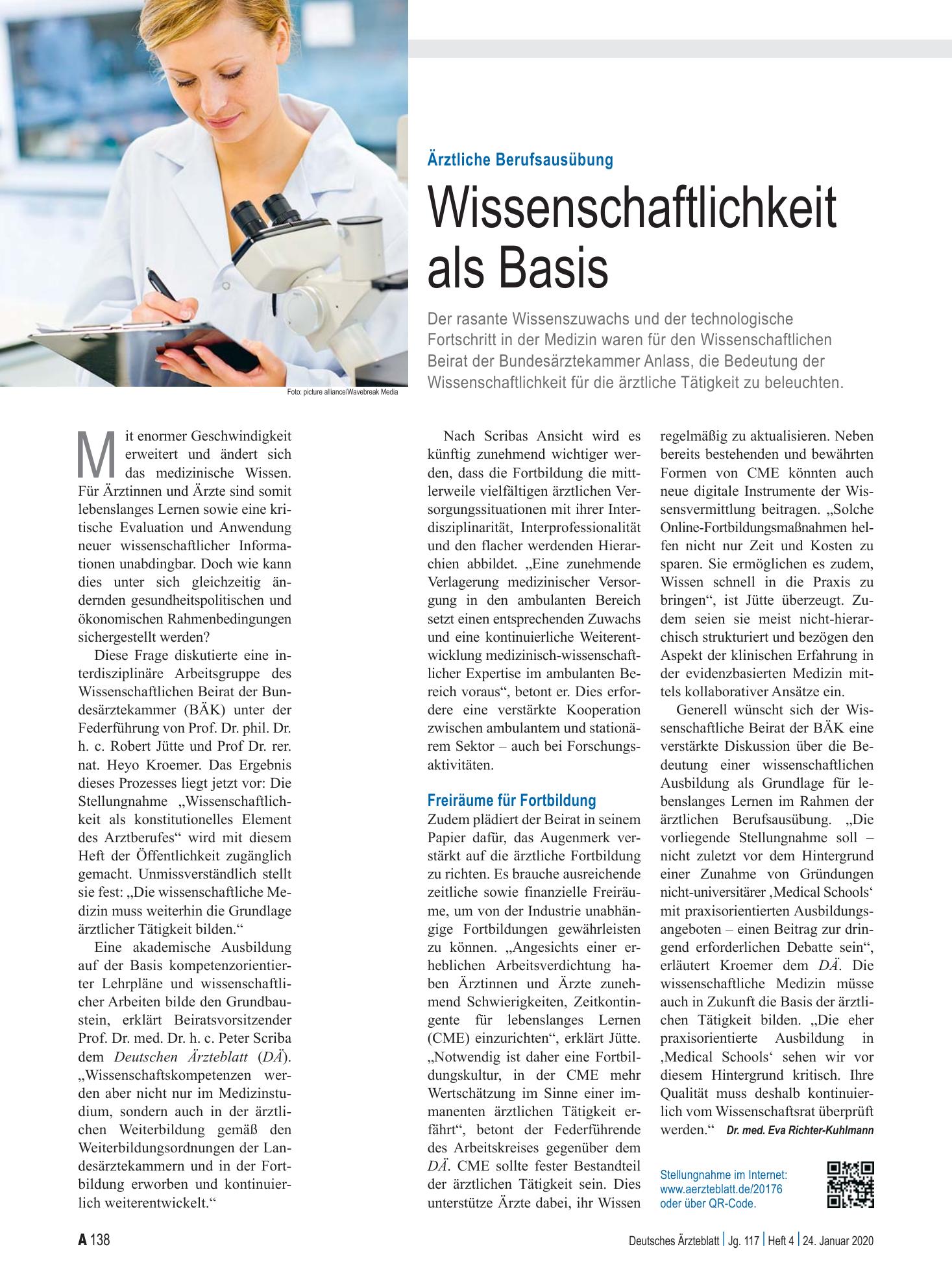 Vorschauseite 1: Ärztliche Berufsausübung: Wissenschaftlichkeit als Basis – Deutsches Ärzteblatt