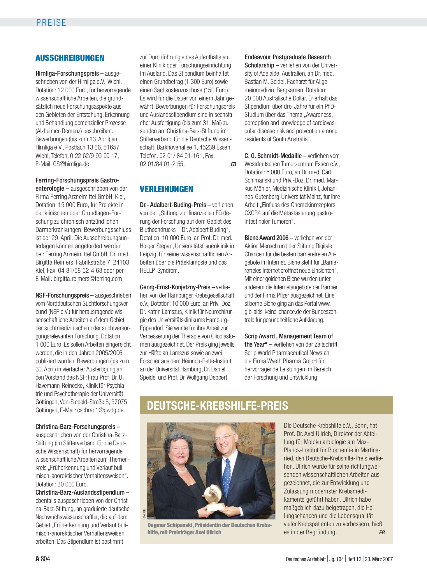 Vorschauseite 1: Deutsche-Krebshilfe-Preis – Deutsches Ärzteblatt