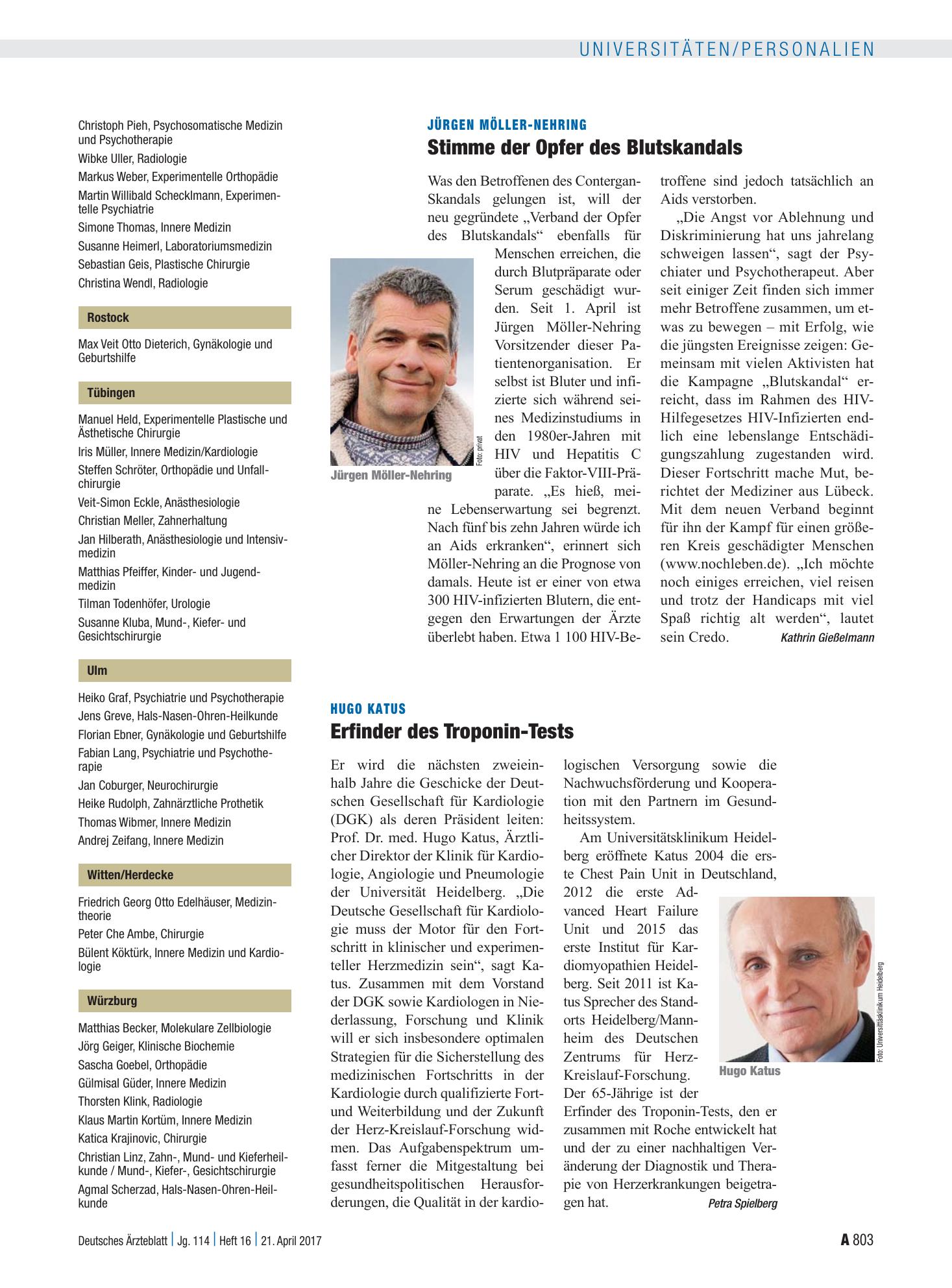 Vorschauseite 1: Hugo Katus: Erfinder des Troponin-Tests – Deutsches Ärzteblatt