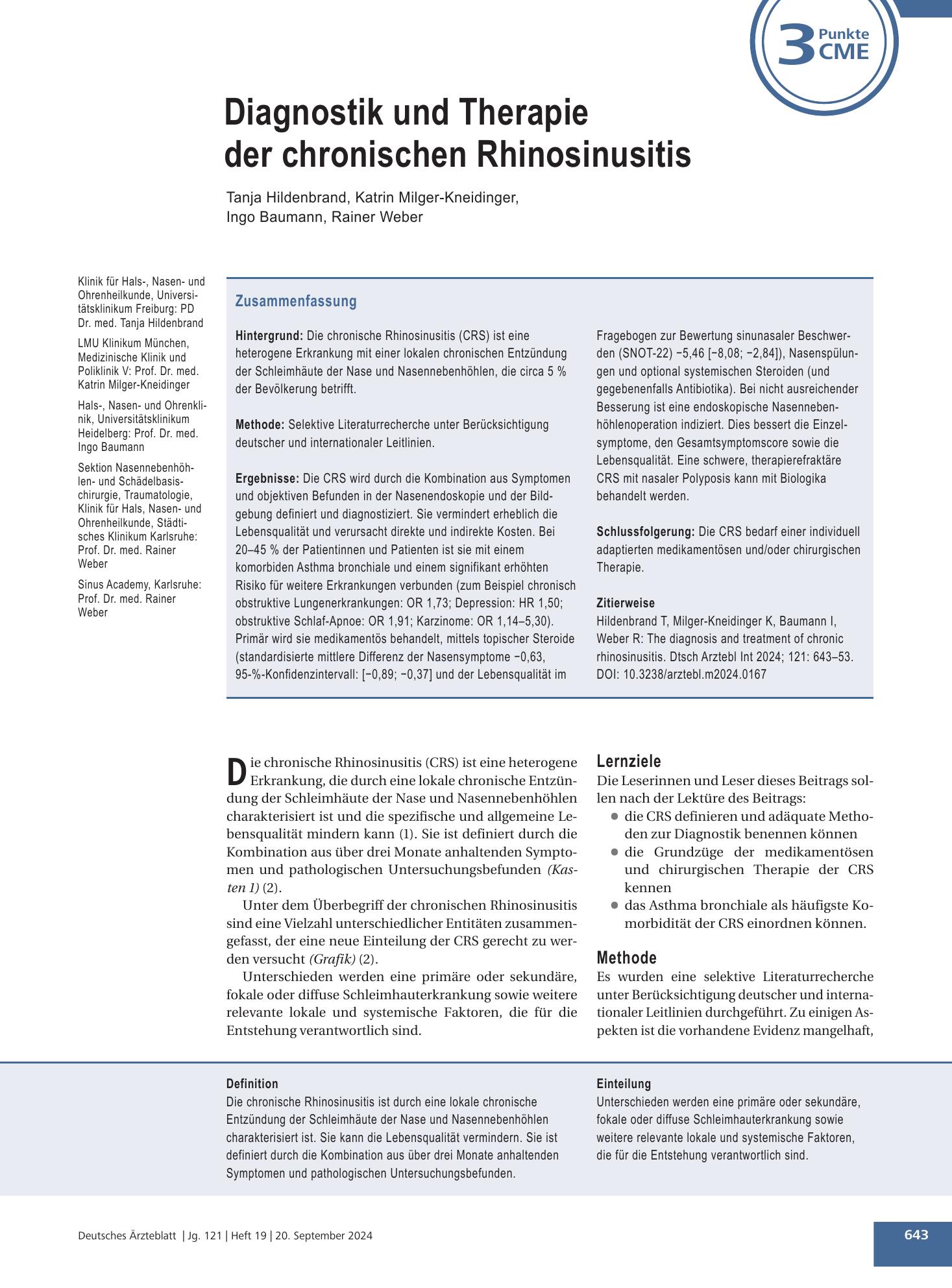 Vorschauseite 1: Diagnostik und Therapie der chronischen Rhinosinusitis – Deutsches Ärzteblatt