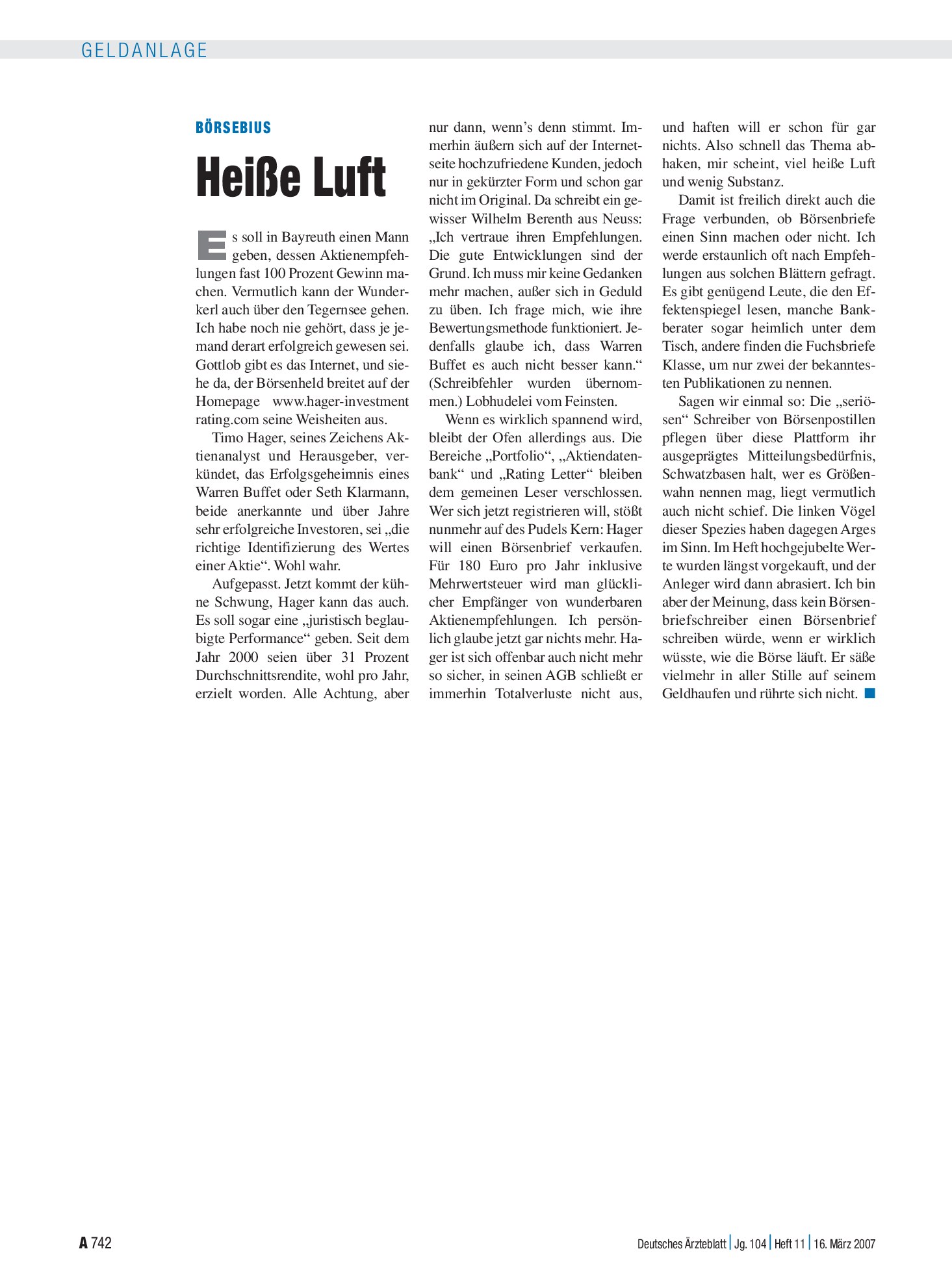 Vorschauseite 1: Börsebius: Heiße Luft – Deutsches Ärzteblatt