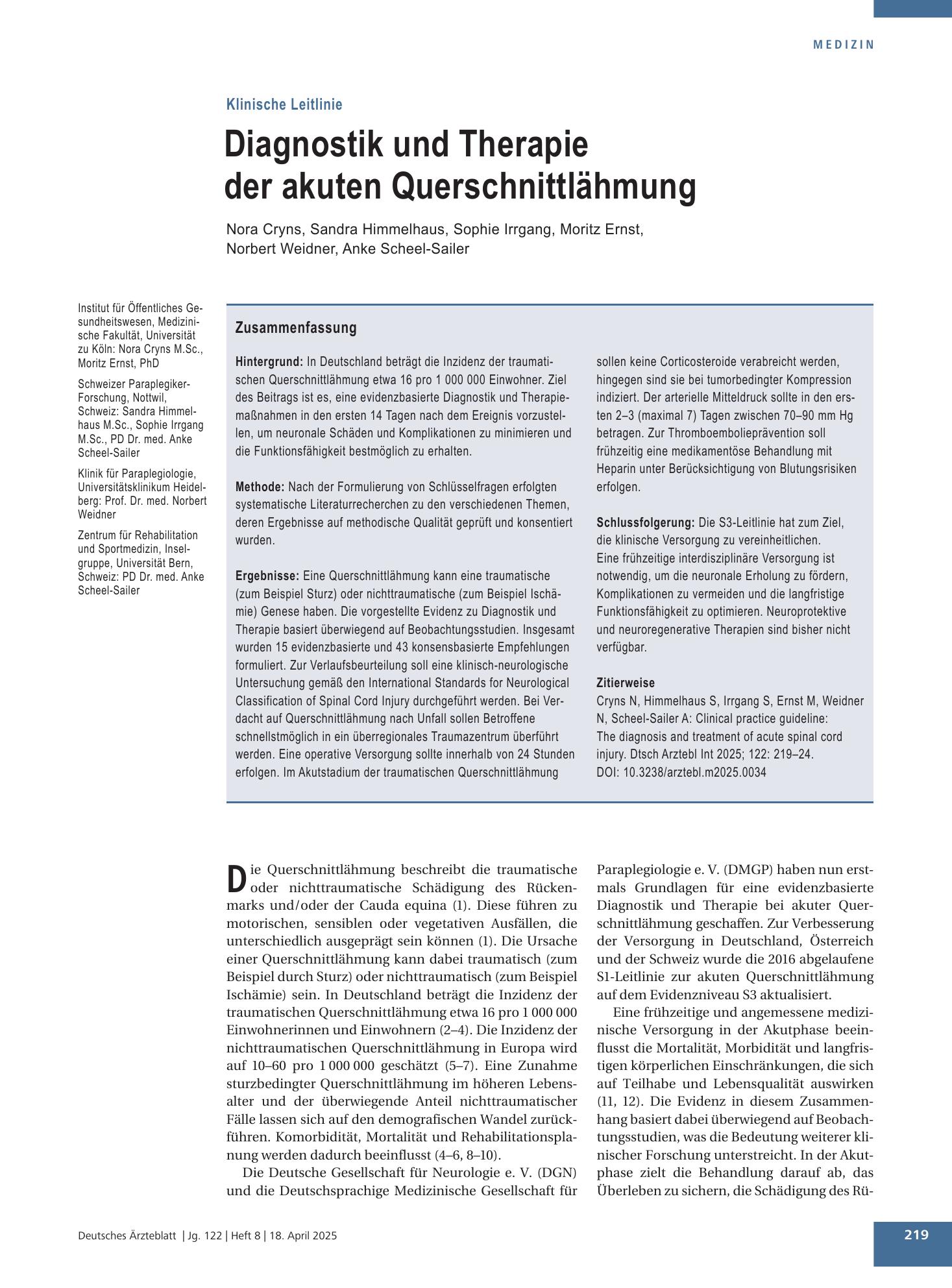 Vorschauseite 1: Diagnostik und Therapie der akuten Querschnittlähmung – Deutsches Ärzteblatt