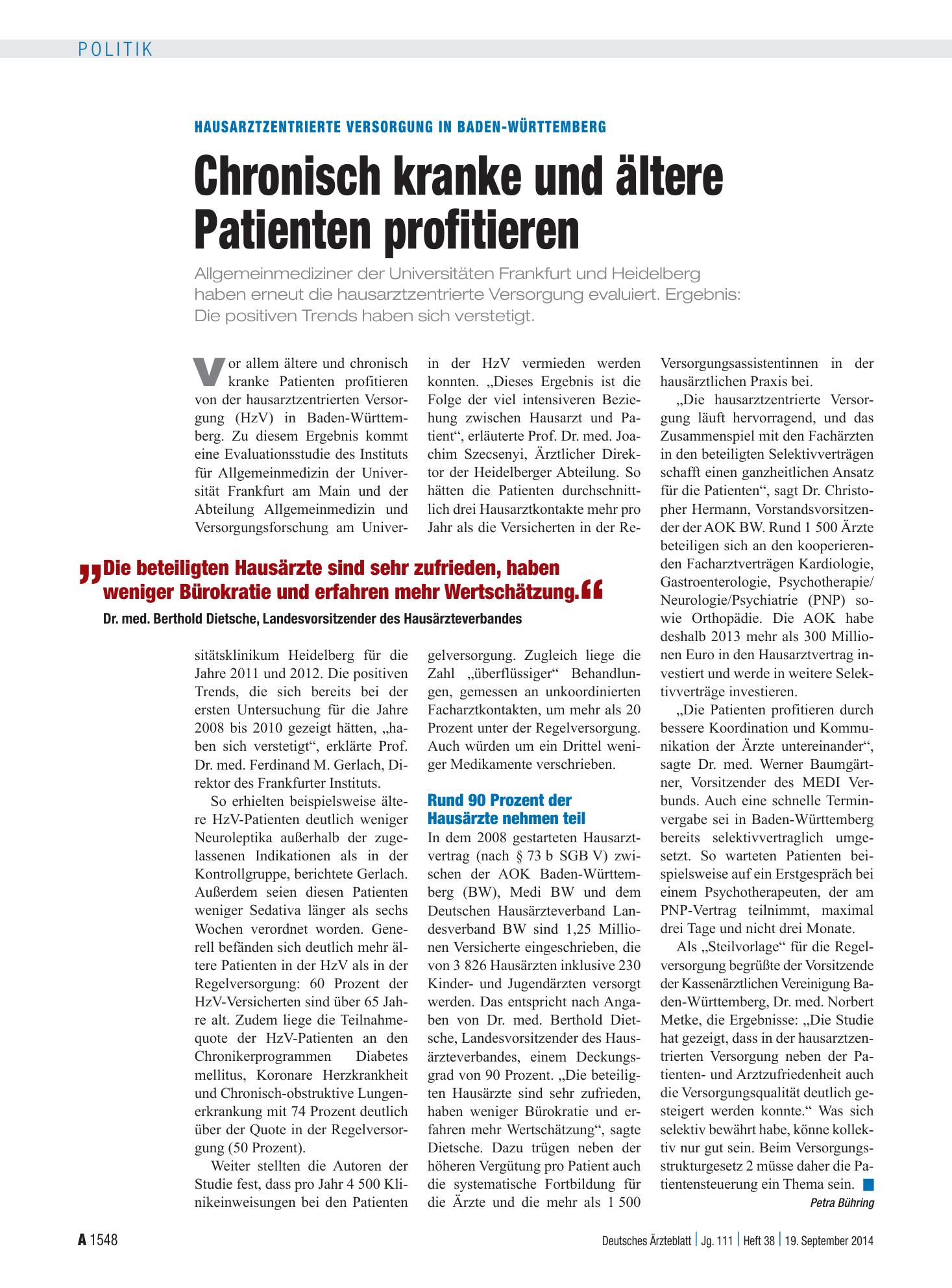 Vorschauseite 1: Hausarztzentrierte Versorgung in Baden-Württemberg: Chronisch kranke und ältere Patienten profitieren – Deutsches Ärzteblatt