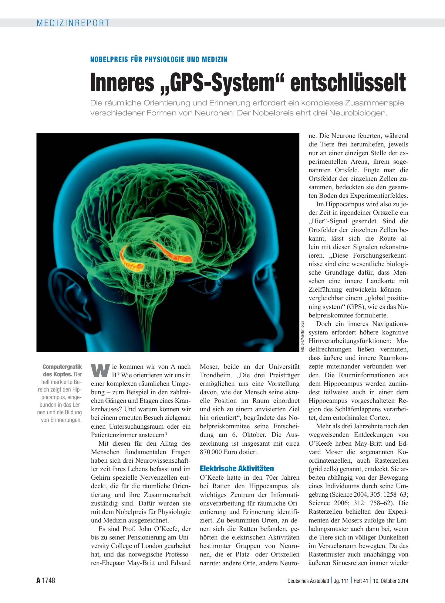 Vorschauseite 1: Nobelpreis für Physiologie und Medizin: Inneres „GPS-System“ entschlüsselt – Deutsches Ärzteblatt