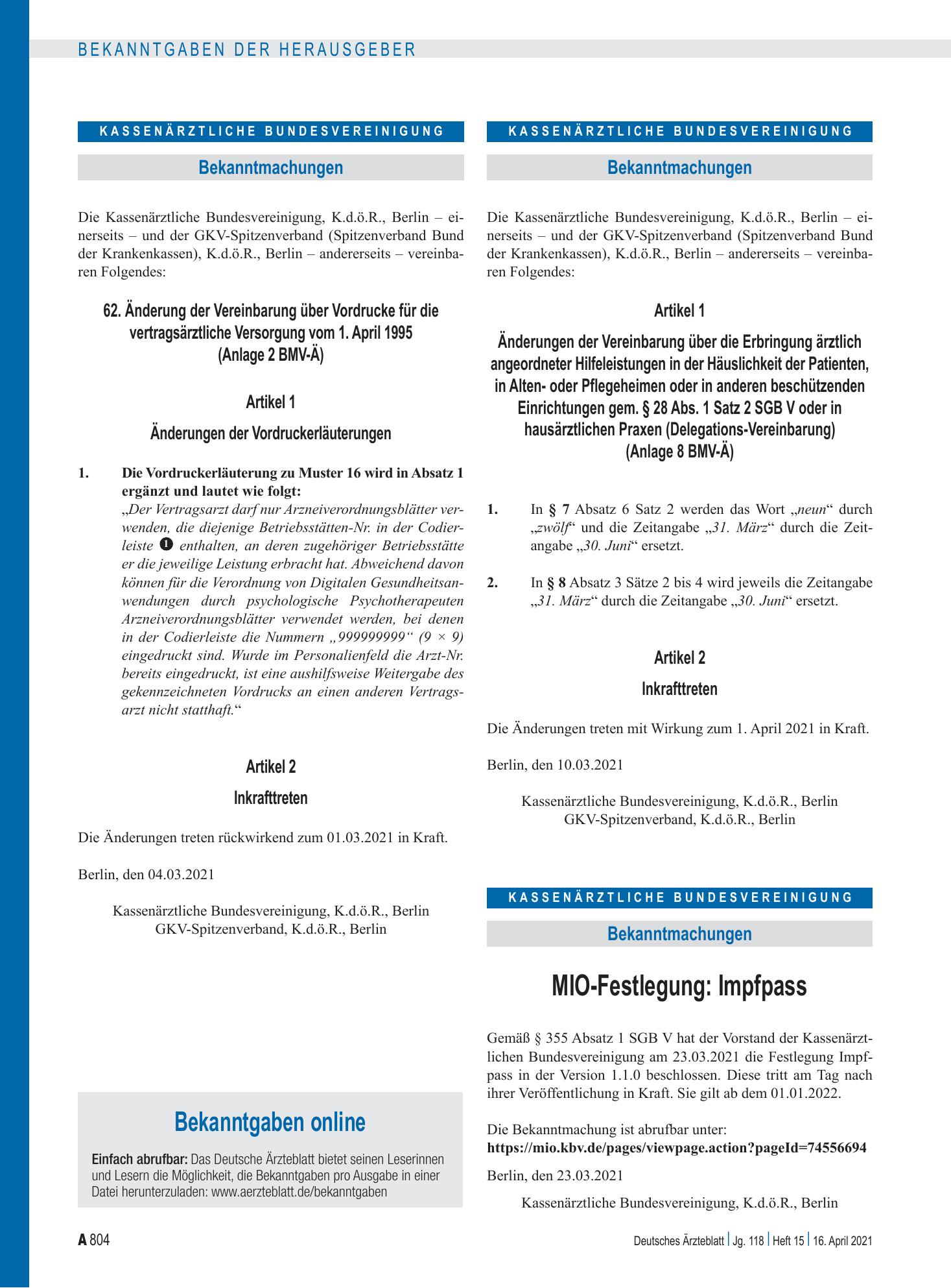 Vorschauseite 1: MIO-Festlegung: Impfpass – Deutsches Ärzteblatt