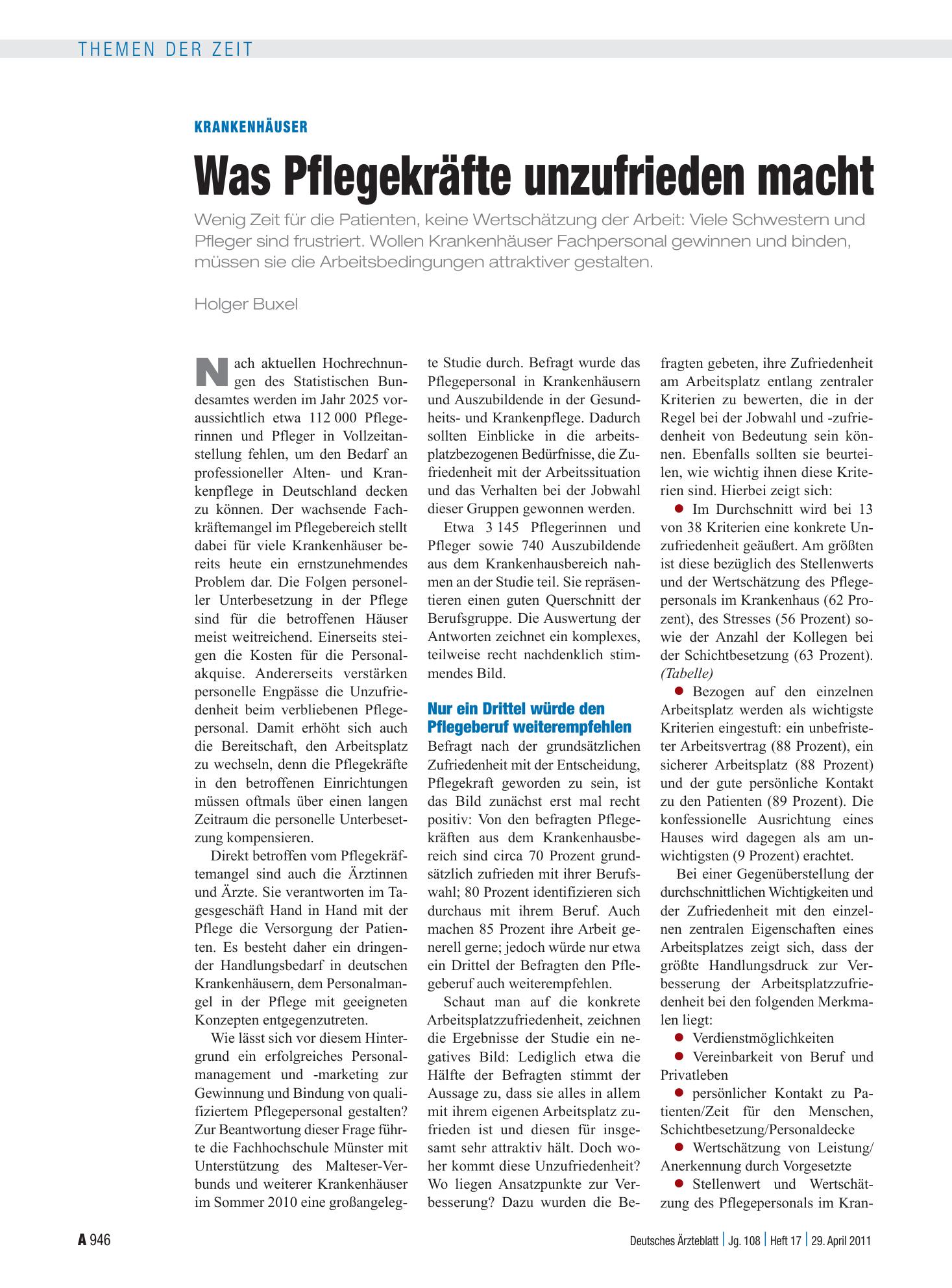 Vorschauseite 1: Krankenhäuser: Was Pflegekräfte unzufrieden macht – Deutsches Ärzteblatt