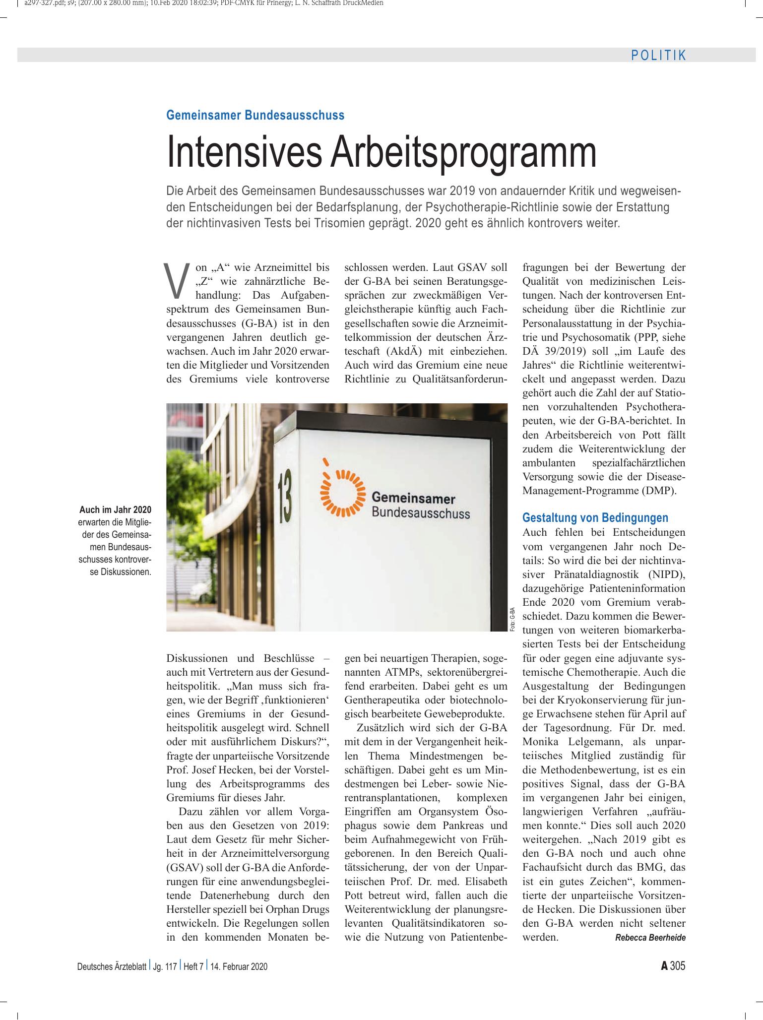 Vorschauseite 1: Gemeinsamer Bundesausschuss: Intensives Arbeitsprogramm – Deutsches Ärzteblatt