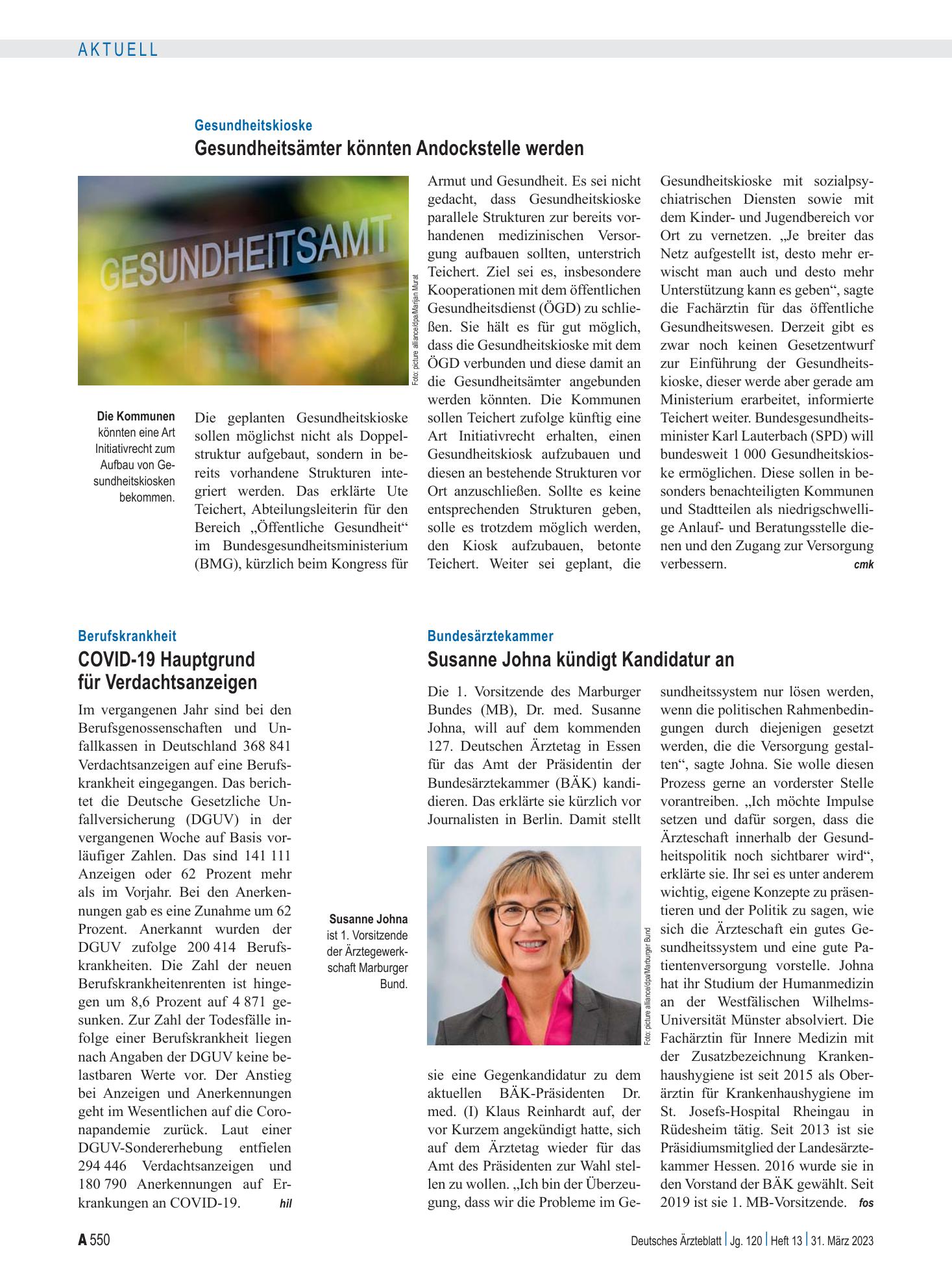 Vorschauseite 1: Bundesärztekammer: Susanne Johna kündigt Kandidatur an – Deutsches Ärzteblatt