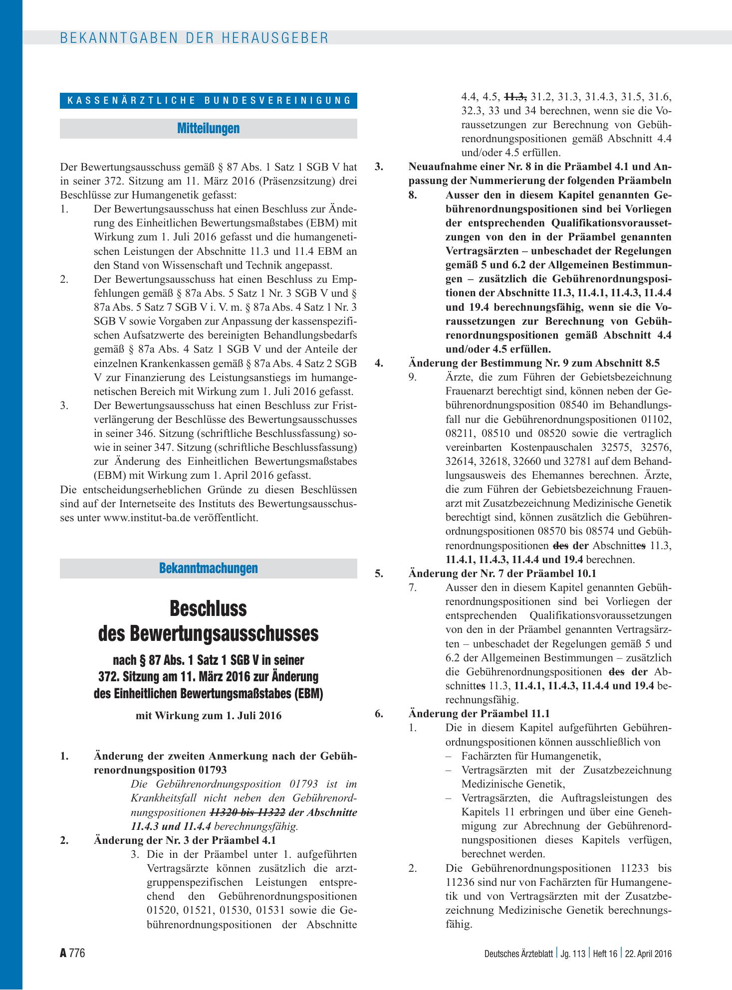 Vorschauseite 1: Beschluss des Bewertungsausschusses nach § 87 Abs. 1 Satz 1 SGB V in seiner 372. Sitzung am 11. März 2016 zur Änderung des Einheitlichen Bewertungsmaßstabes (EBM) – Deutsches Ärzt…