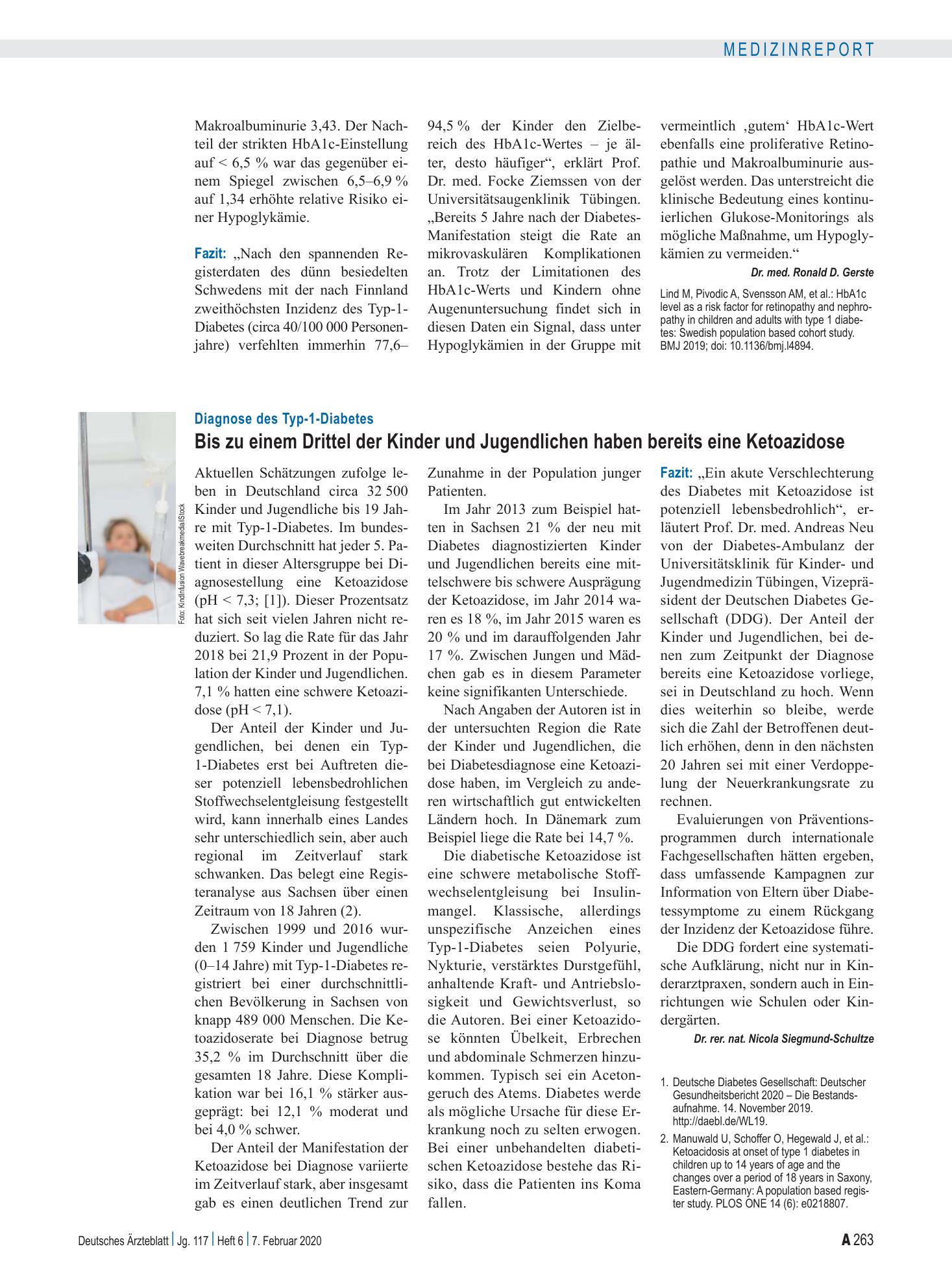 Vorschauseite 1: Diagnose des Typ-1-Diabetes: Bis zu einem Drittel der Kinder und Jugendlichen haben bereits eine Ketoazidose – Deutsches Ärzteblatt