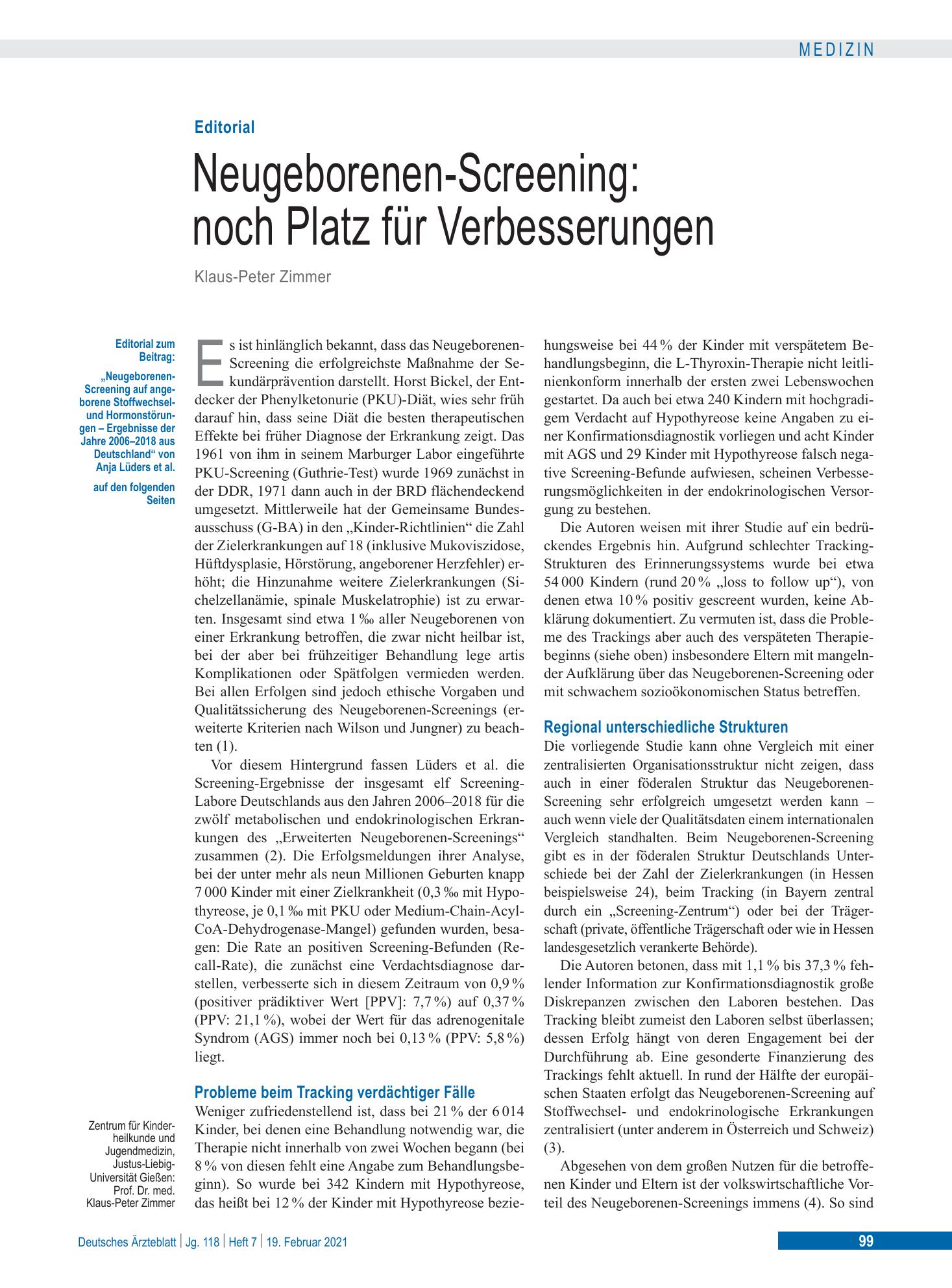 Vorschauseite 1: Neugeborenen-Screening: noch Platz für Verbesserungen – Deutsches Ärzteblatt