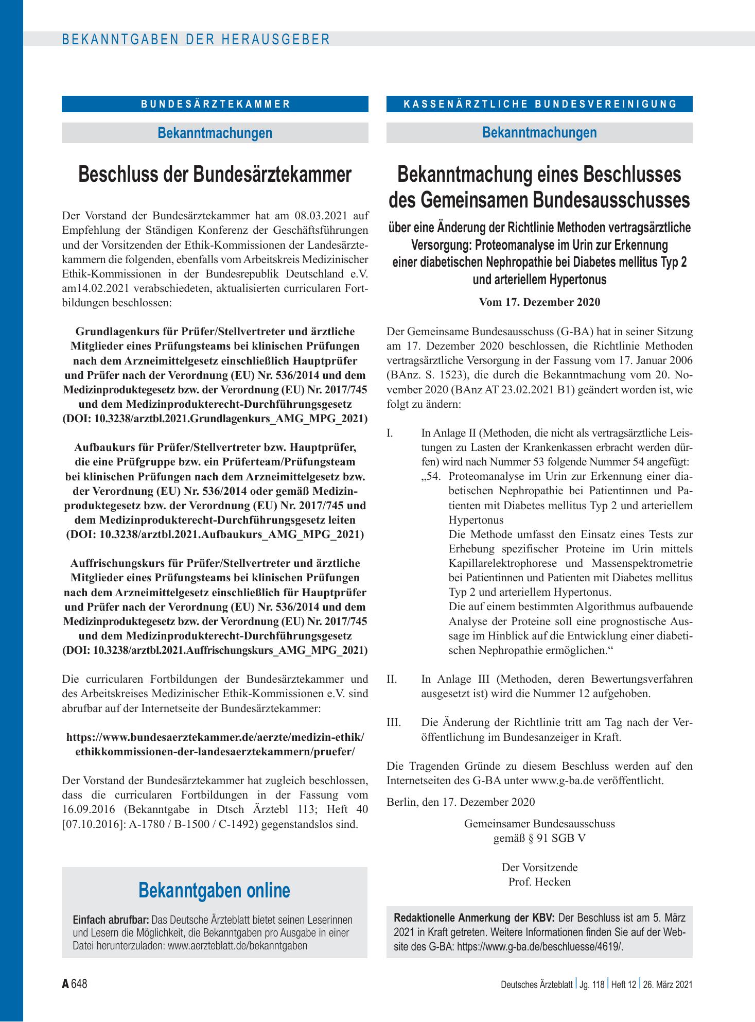 Vorschauseite 1: Beschluss der Bundesärztekammer – Deutsches Ärzteblatt