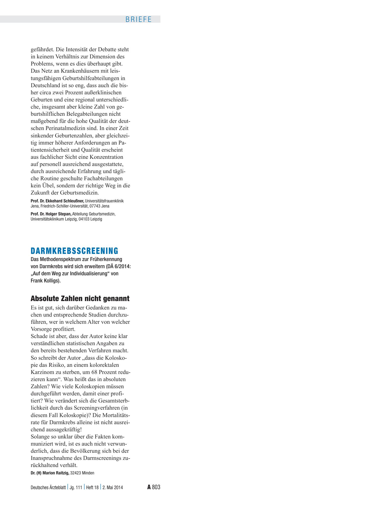 Vorschauseite 1: Darmkrebsscreening: Absolute Zahlen nicht genannt – Deutsches Ärzteblatt