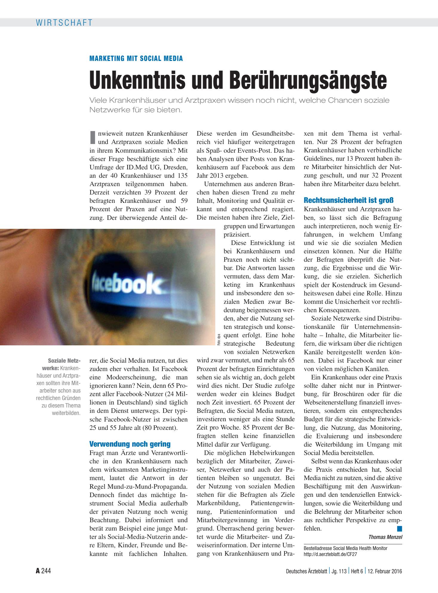 Vorschauseite 1: Marketing mit Social Media: Unkenntnis und Berührungsängste – Deutsches Ärzteblatt