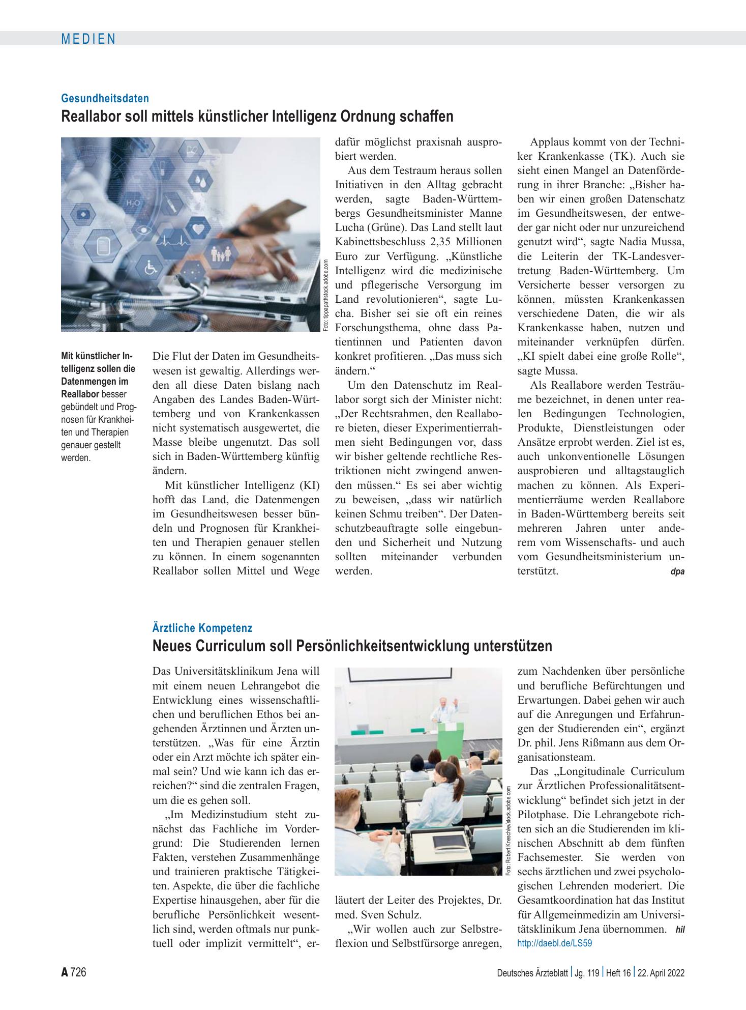 Vorschauseite 1: Gesundheitsdaten: Reallabor soll mittels künstlicher Intelligenz Ordnung schaffen – Deutsches Ärzteblatt