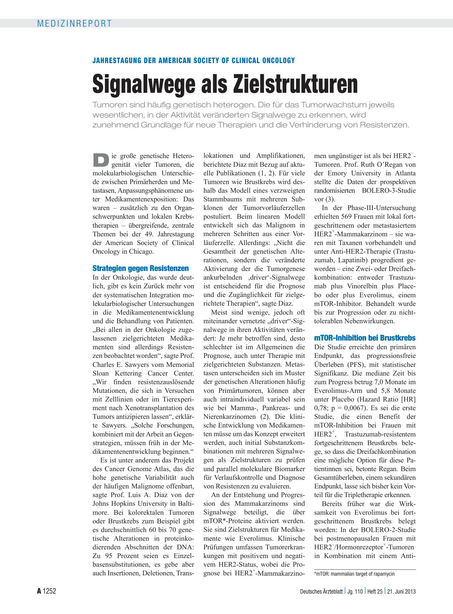 Vorschauseite 1: Jahrestagung der American Society of clinical Oncology: Signalwege als Zielstrukturen – Deutsches Ärzteblatt