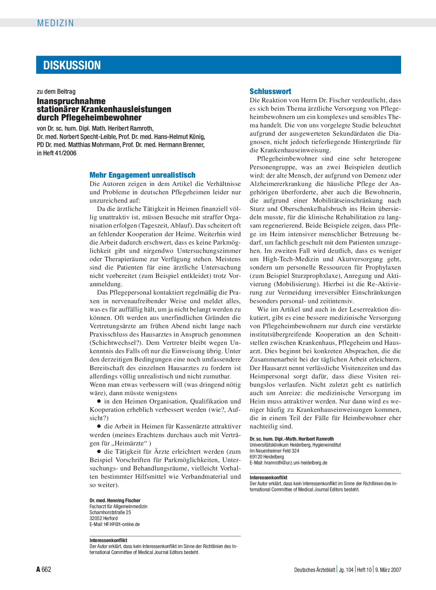 Vorschauseite 1: Inanspruchnahme stationärer Krankenhausleistungen durch Pflegeheimbewohner: Schlusswort – Deutsches Ärzteblatt